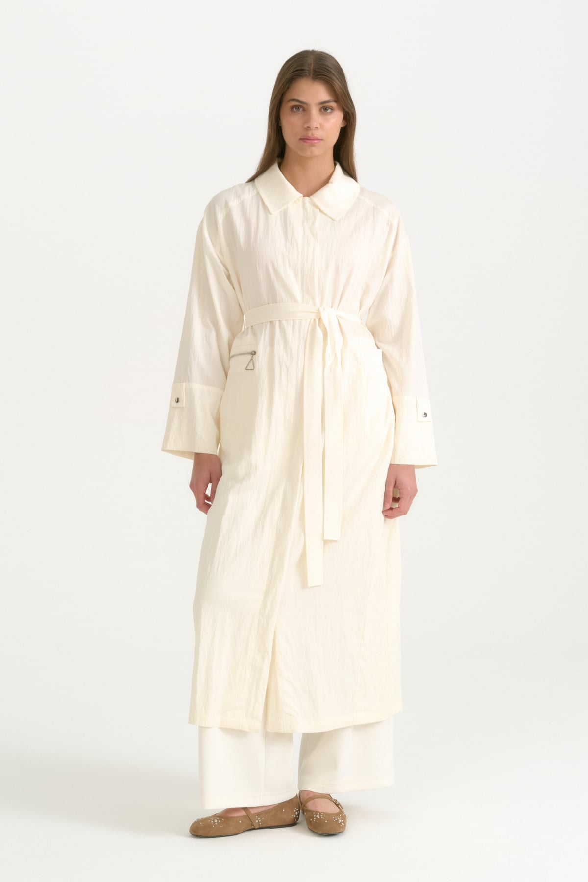 Kumaş Mixli Kuşaklı Rayon Kap  Ekru