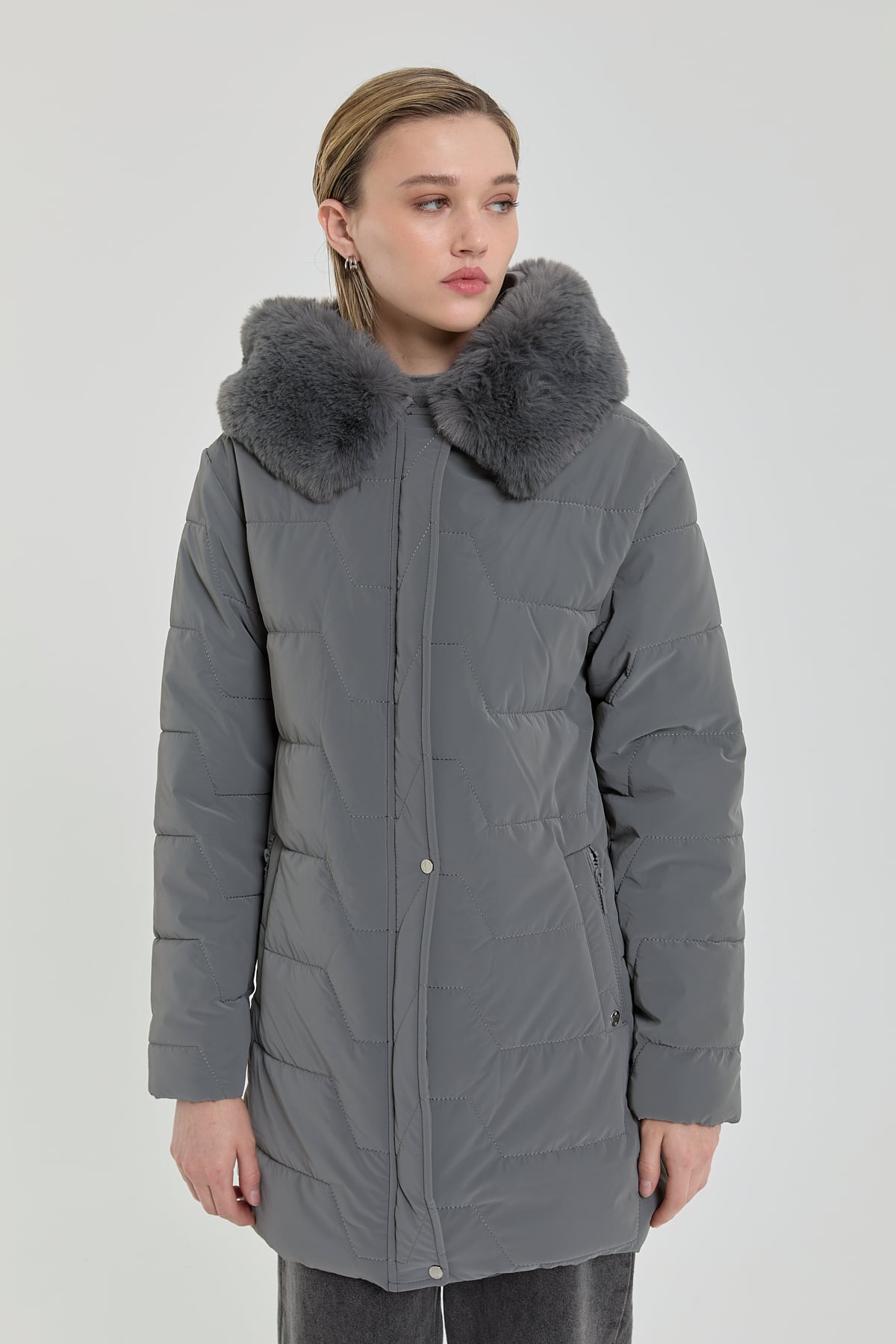 Kürk Kapşonlu Oversize Kapitone Kaban  Gri