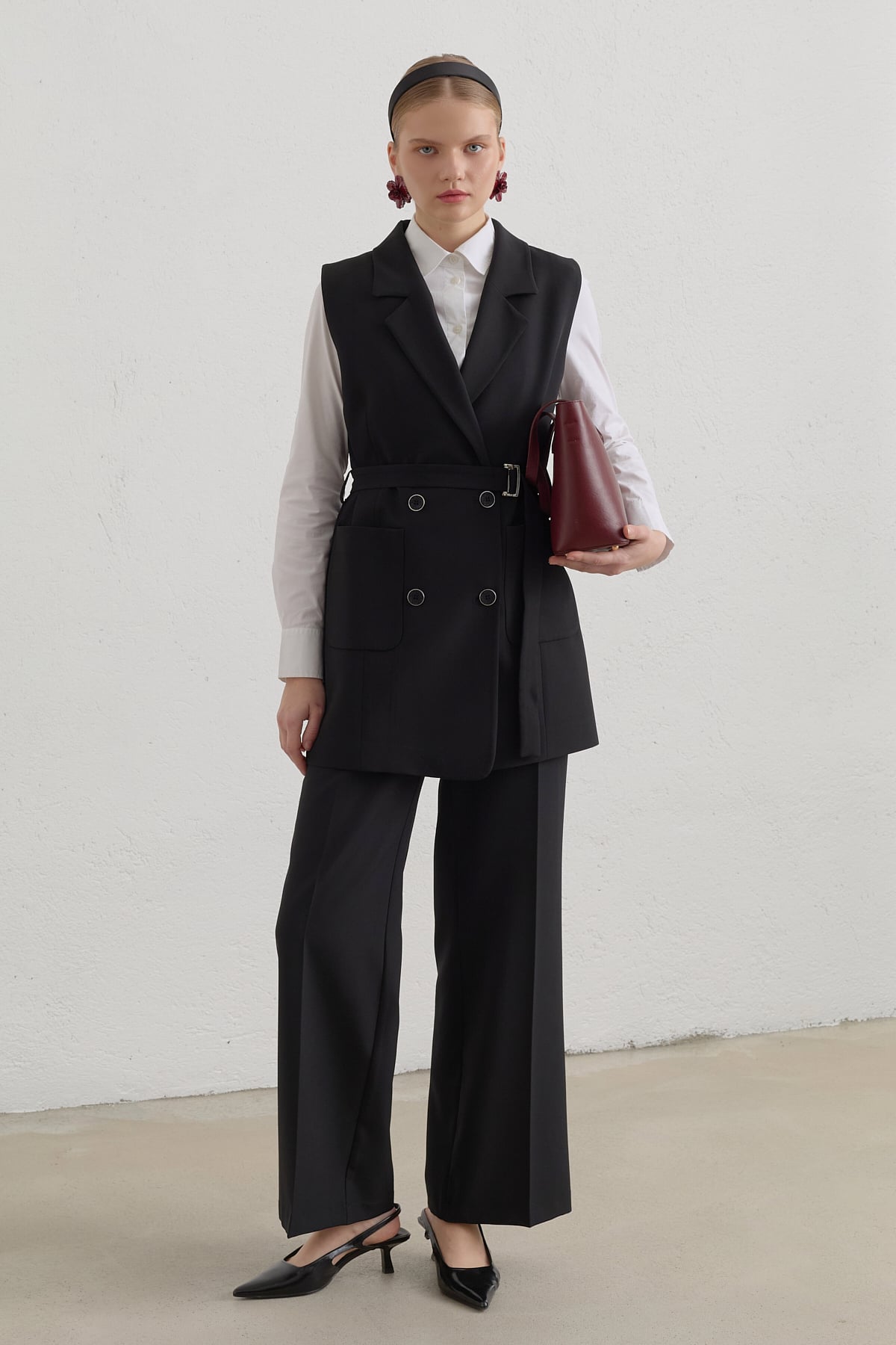 Kuşaklı Blazer Basic Yelek  Siyah