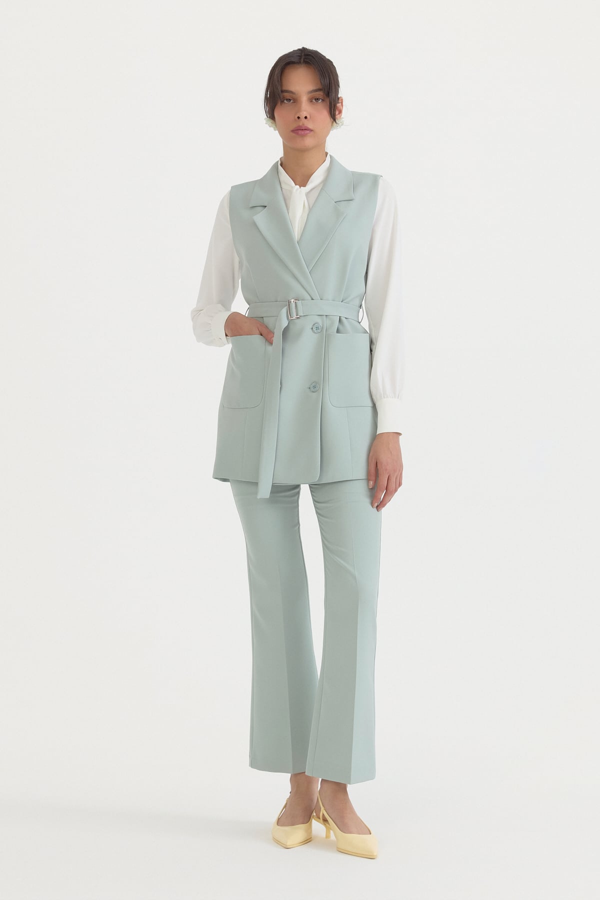 Kuşaklı Blazer Yelek  Aqua