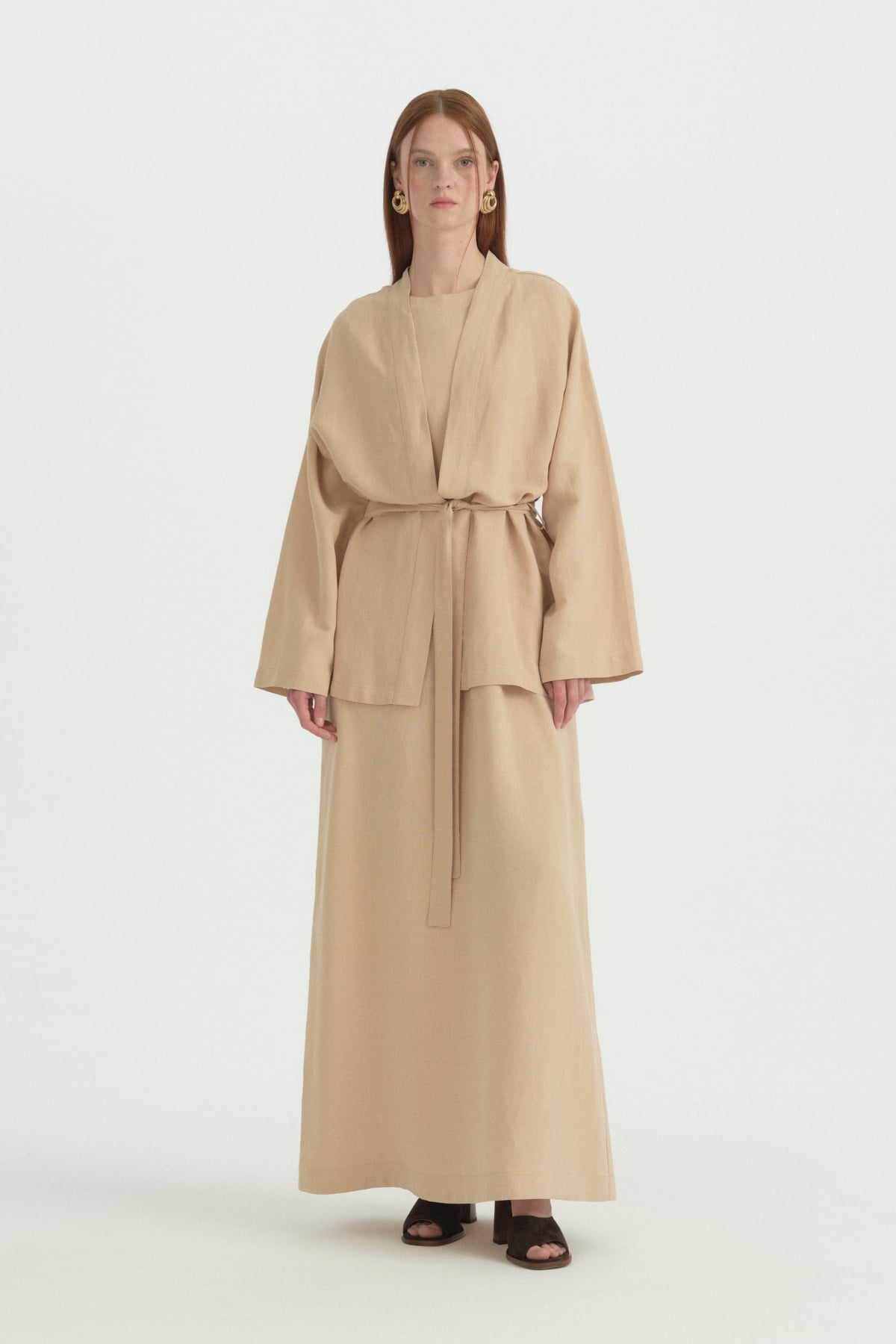Kuşaklı Keten Kısa Kimono  Bej