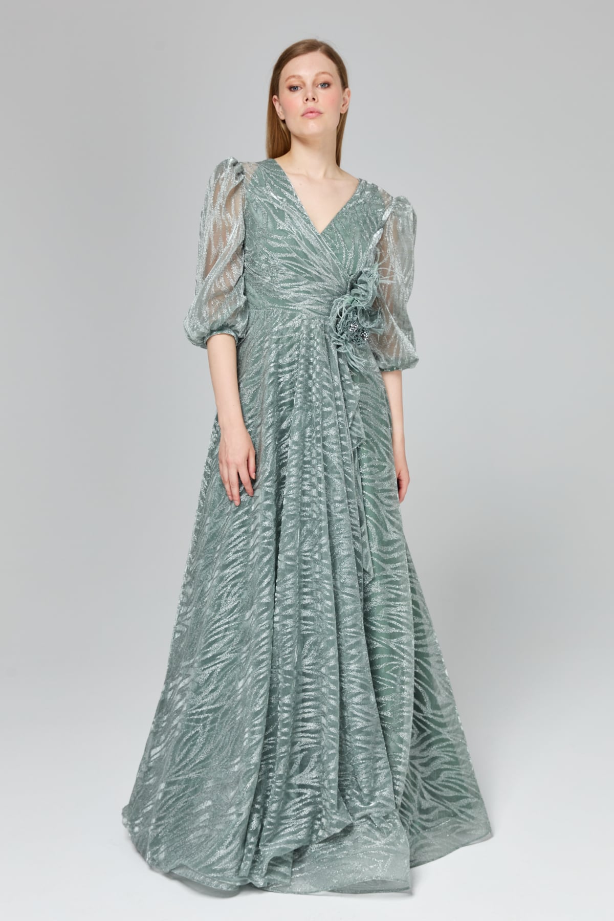 LACRİMA Hafif Abiye Simli Balon Kol Abiye  Mint_modest