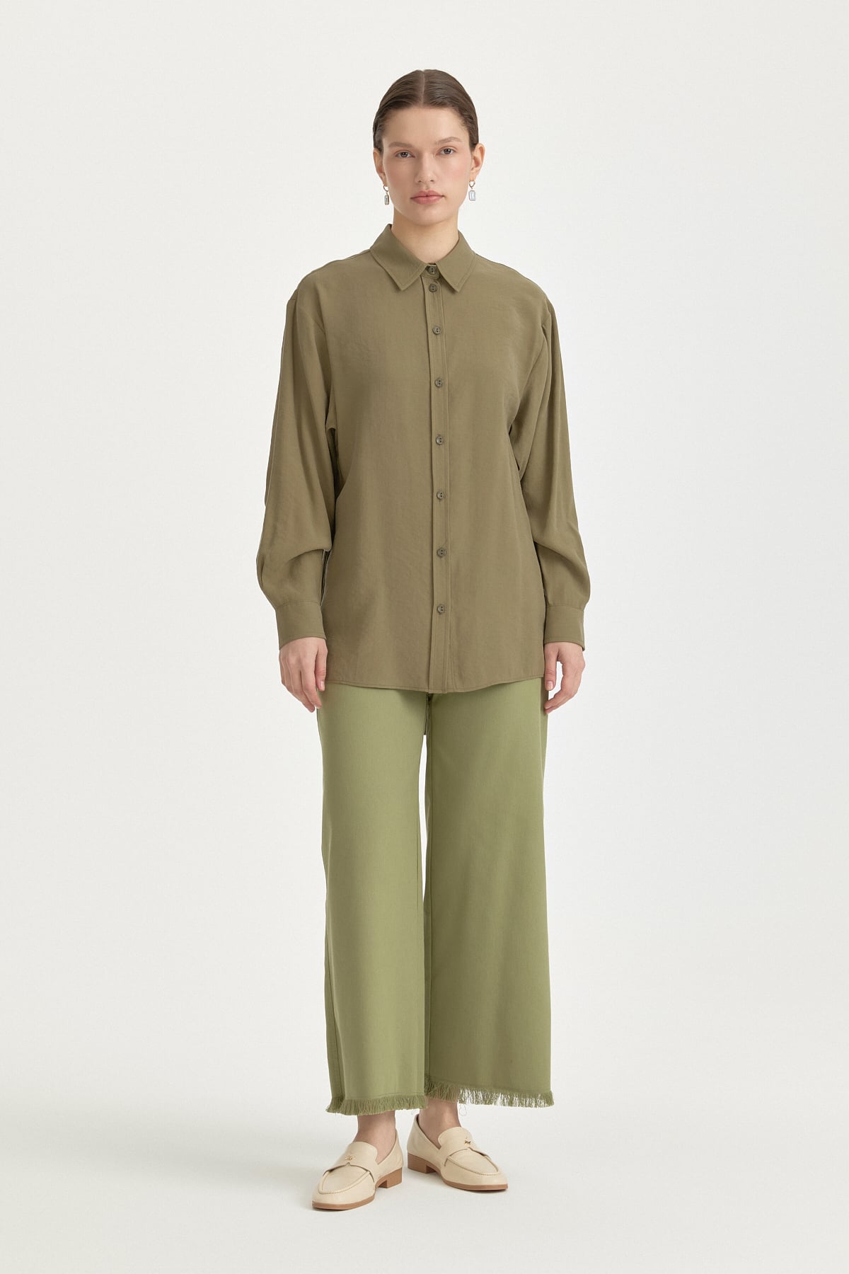 Modal Vintage Gömlek Yaka Tunik  Haki