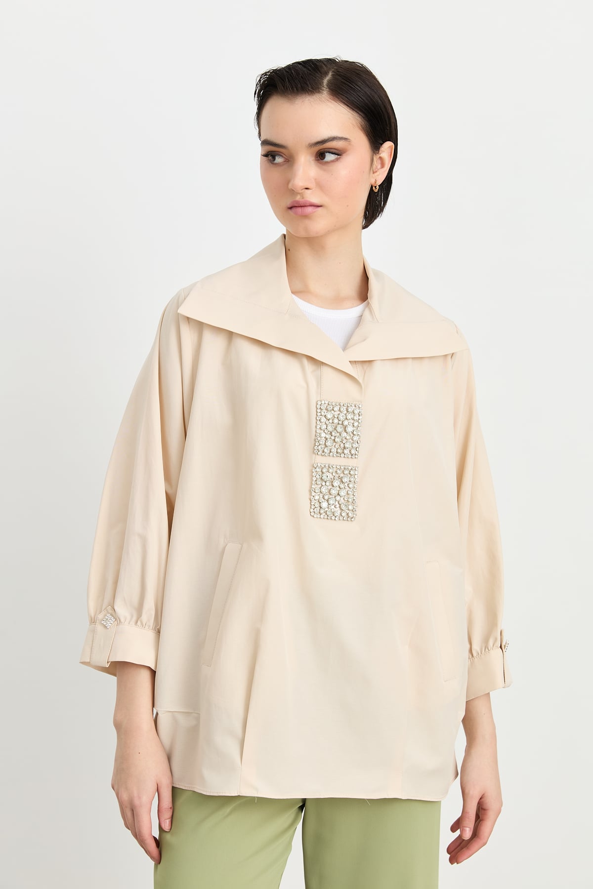 MY312 Tunik Kare Taşlı Gömlek Tunik  Bej_modest