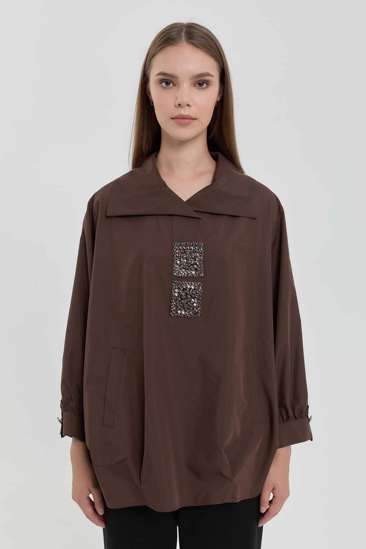 MY312 Tunik Kare Taşlı Gömlek Tunik  Kahve_modest