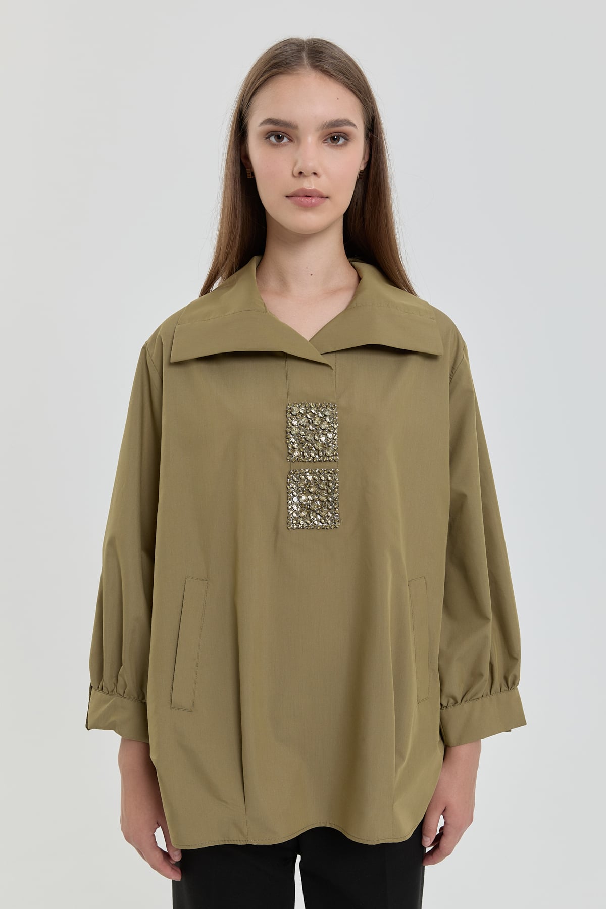 MY312 Tunik Kare Taşlı Gömlek Tunik  Kekik_modest