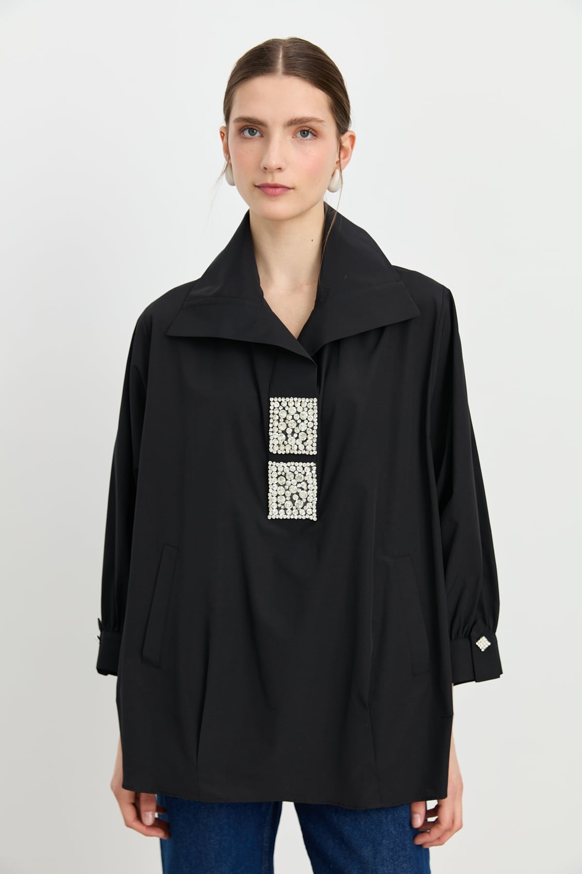 MY312 Tunik Kare Taşlı Gömlek Tunik  Siyah_modest