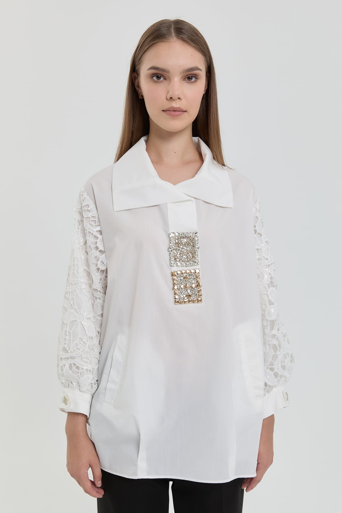 MY312 Tunik Kolu Dantelli Kare Taşlı Tunik  Ekru_modest