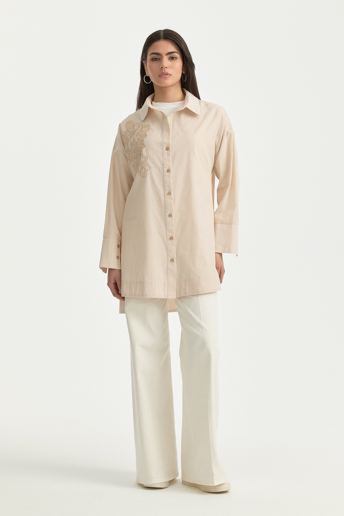 Nakış Detaylı Çizgili Pamuk Tunik  Camel