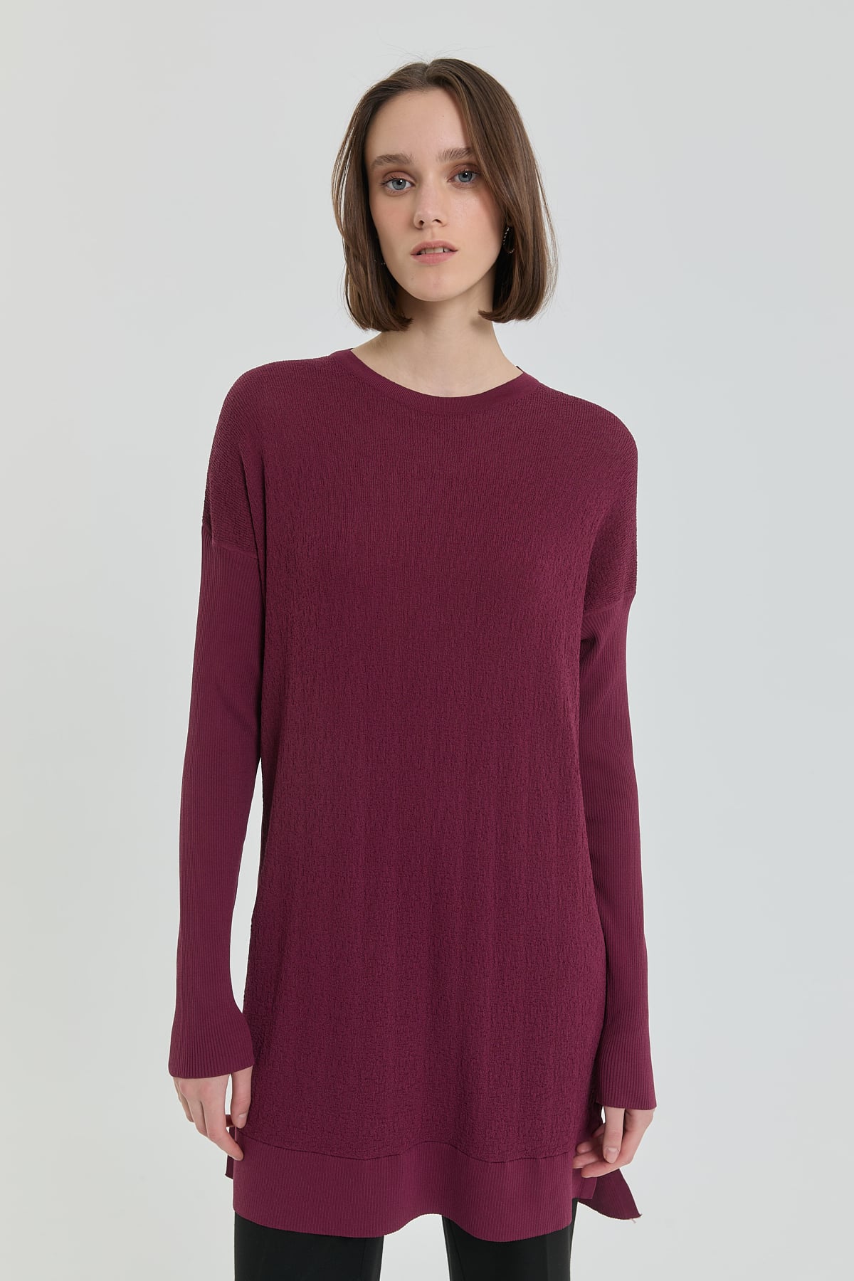 Nihan Ağaç Kabuğu Rayon Triko Tunik  Mürdüm