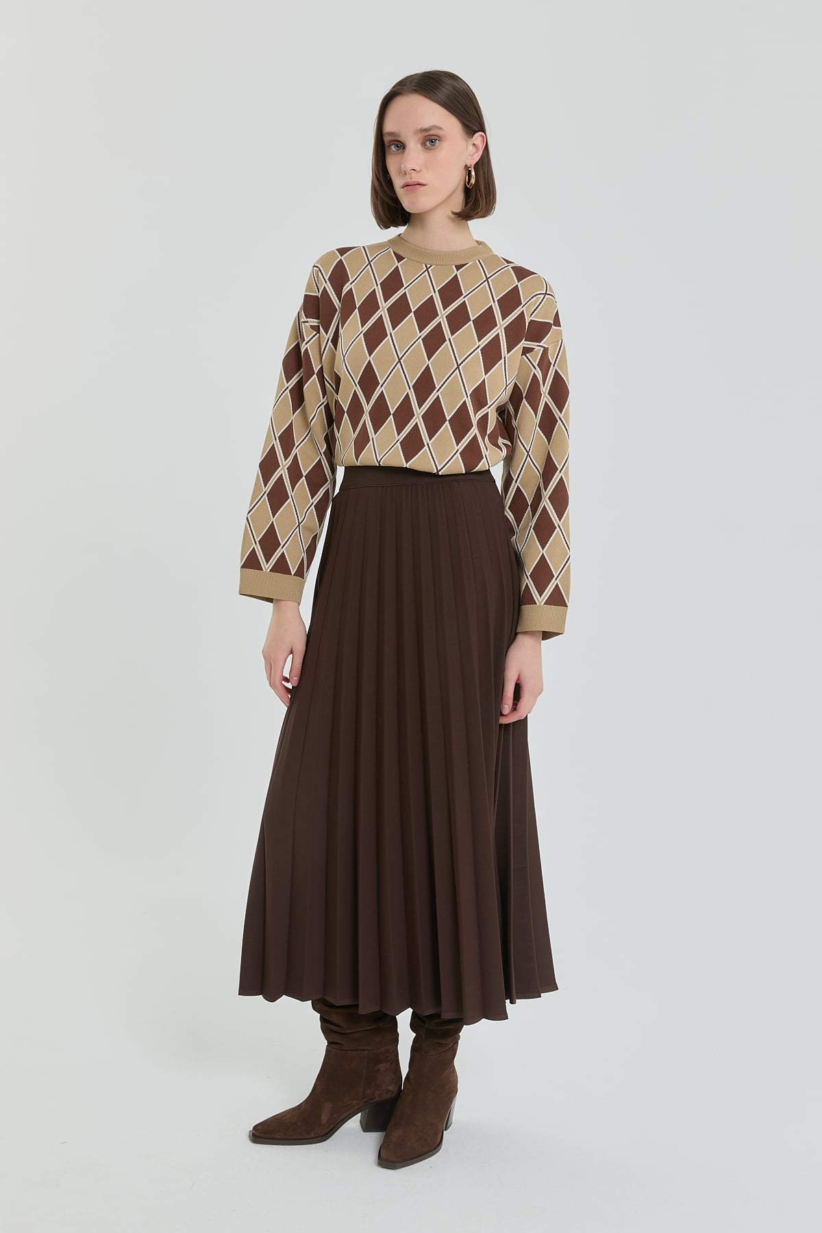 Nihan Beli Lastikli Örme Pilise Etek  Kahve