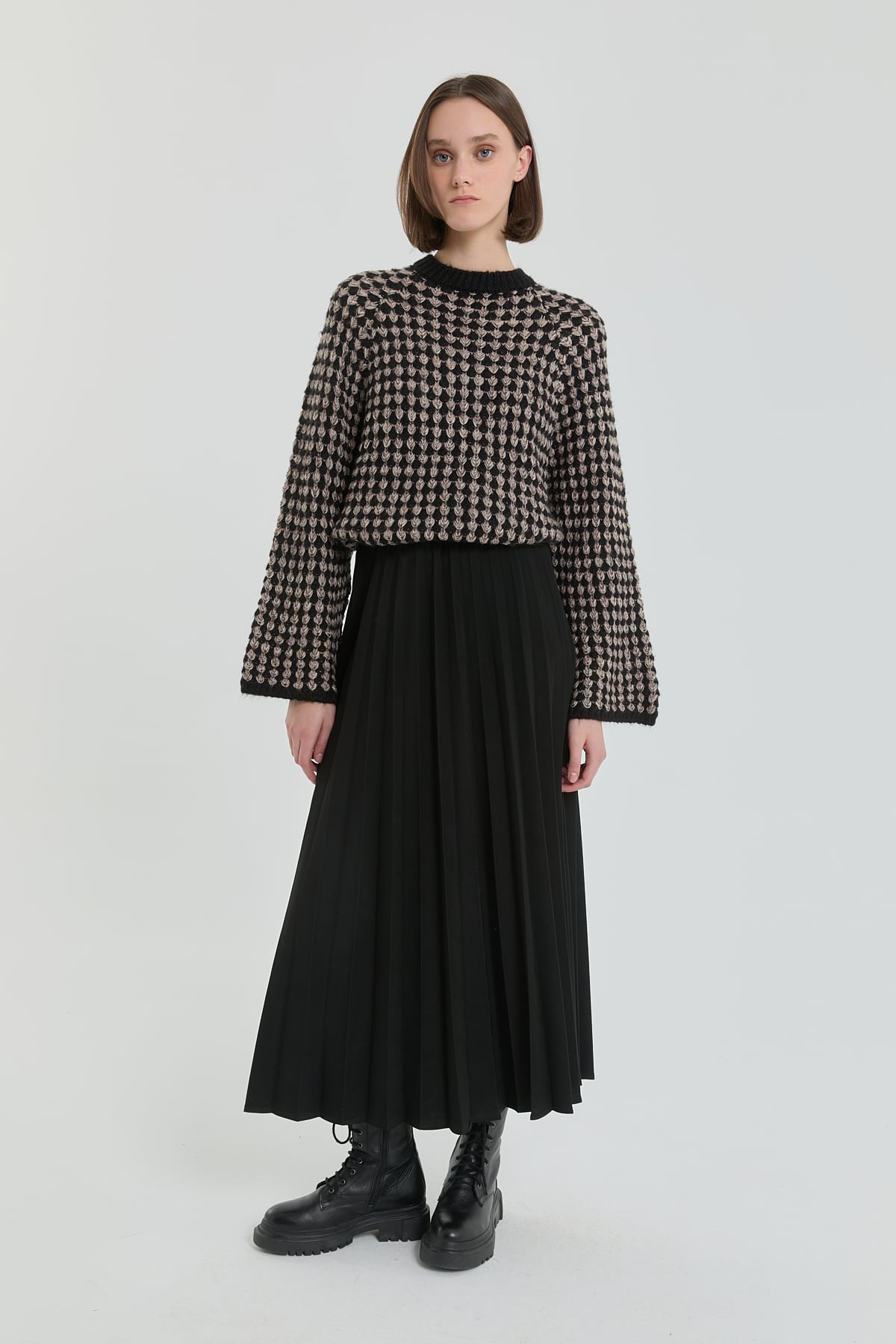 Nihan Beli Lastikli Örme Pilise Etek  Siyah