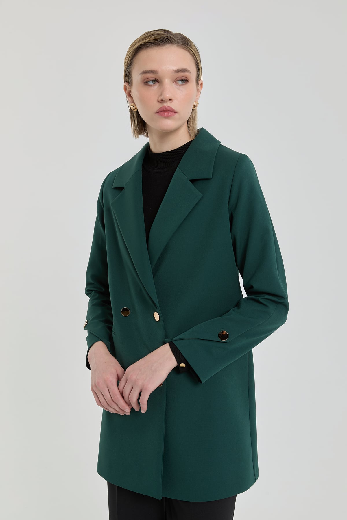 Nihan Gold Düğmeli Kruvaze Blazer Ceket  Yeşil