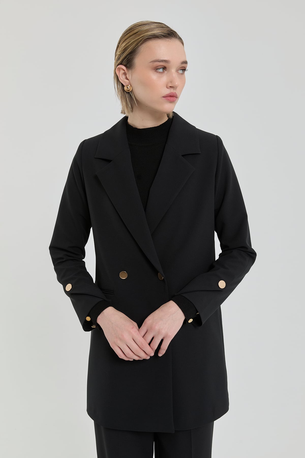 Nihan Gold Düğmeli Kruvaze Blazer Ceket  Siyah