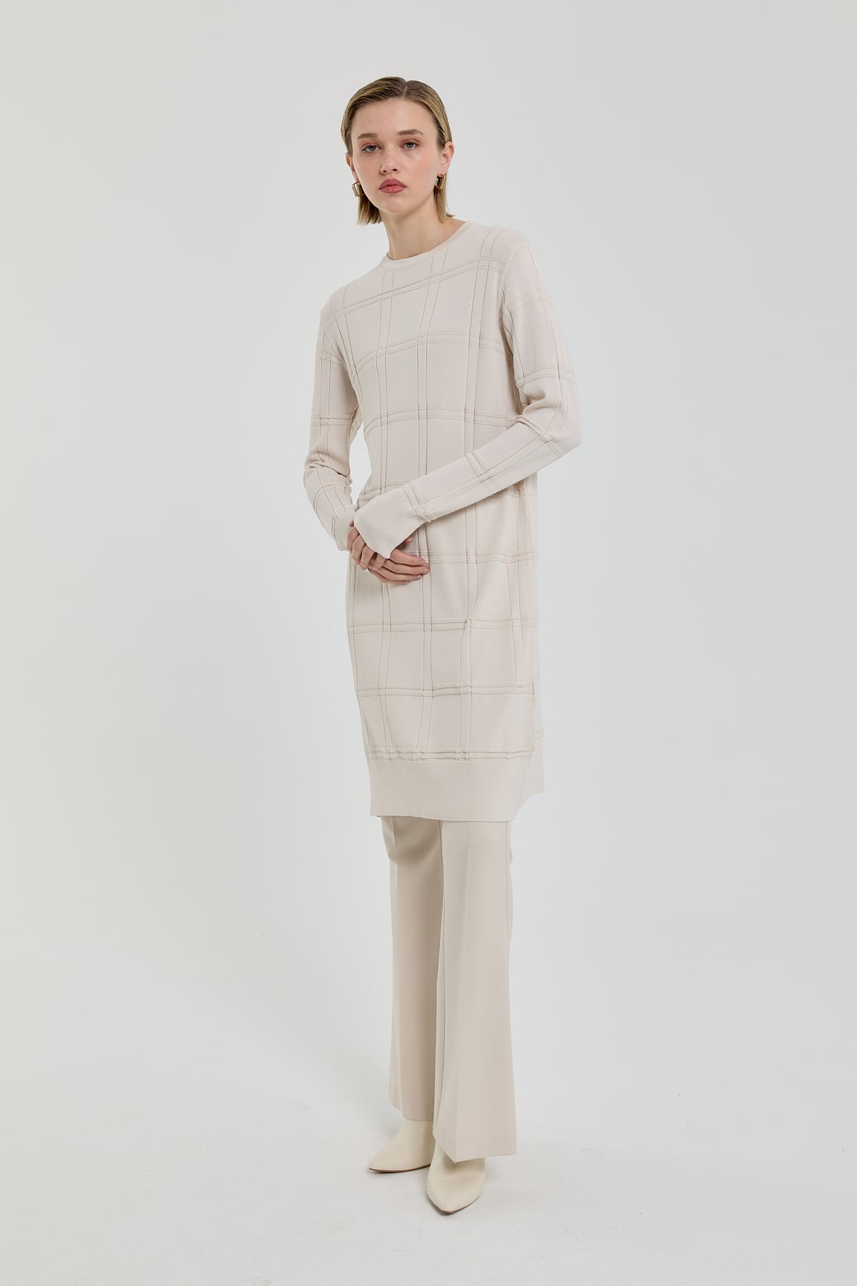 Nihan Kendinden Desenli Rayon Triko Tunik  Bej