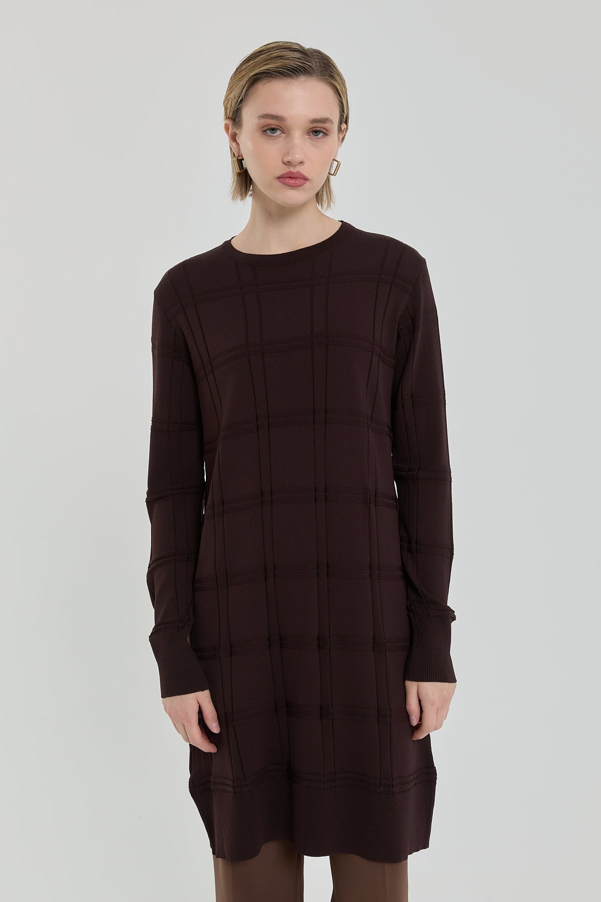 Nihan Kendinden Desenli Rayon Triko Tunik  Kahve