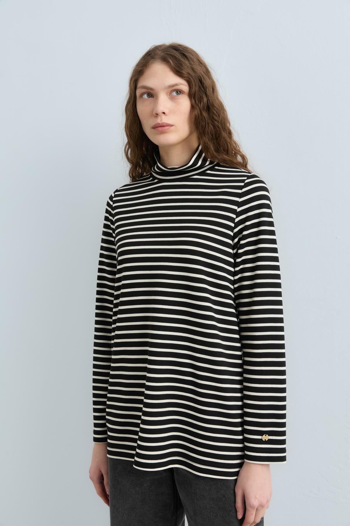 NİHAN Sweat Nihan Balıkçı Yaka Çizgili Basic Sweat  Siyah_modest