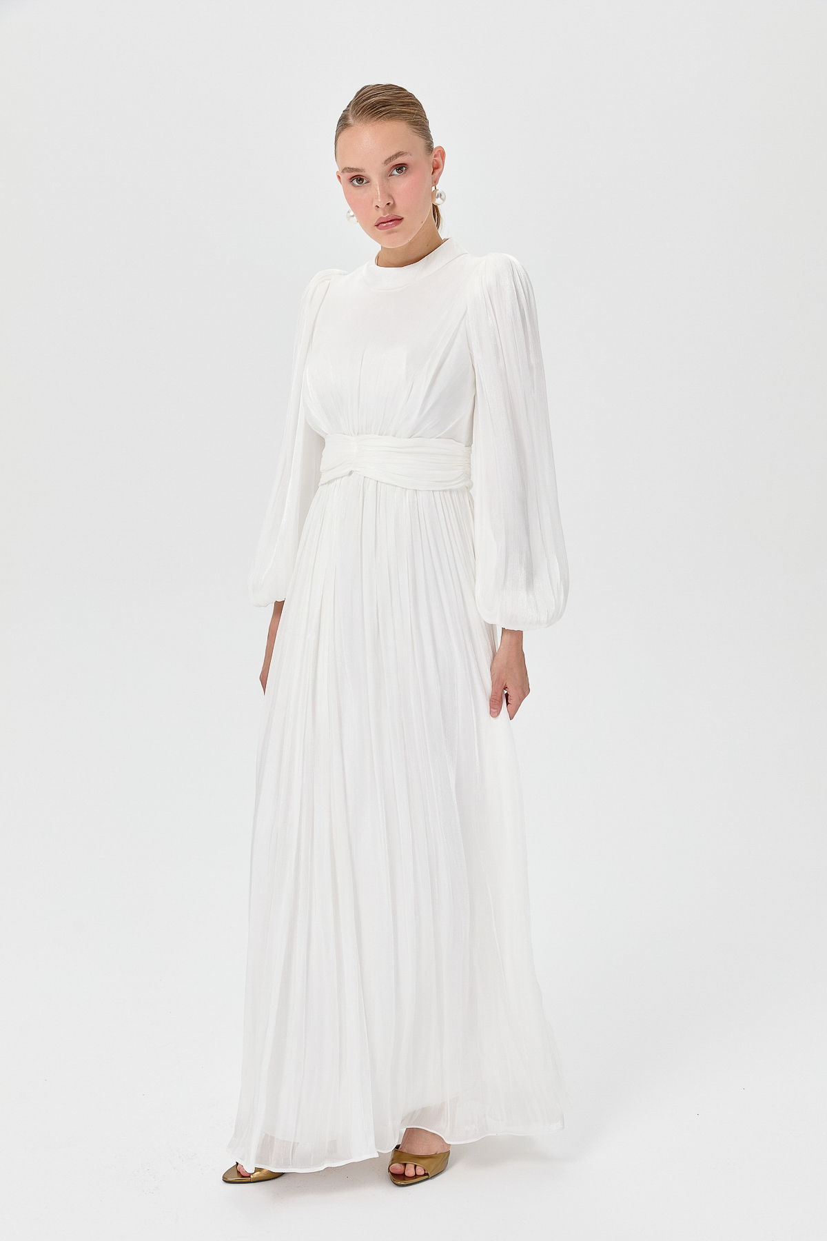 NİHAN Abiye Nihan Balon Kol Dik Yaka Abiye  Beyaz_modest