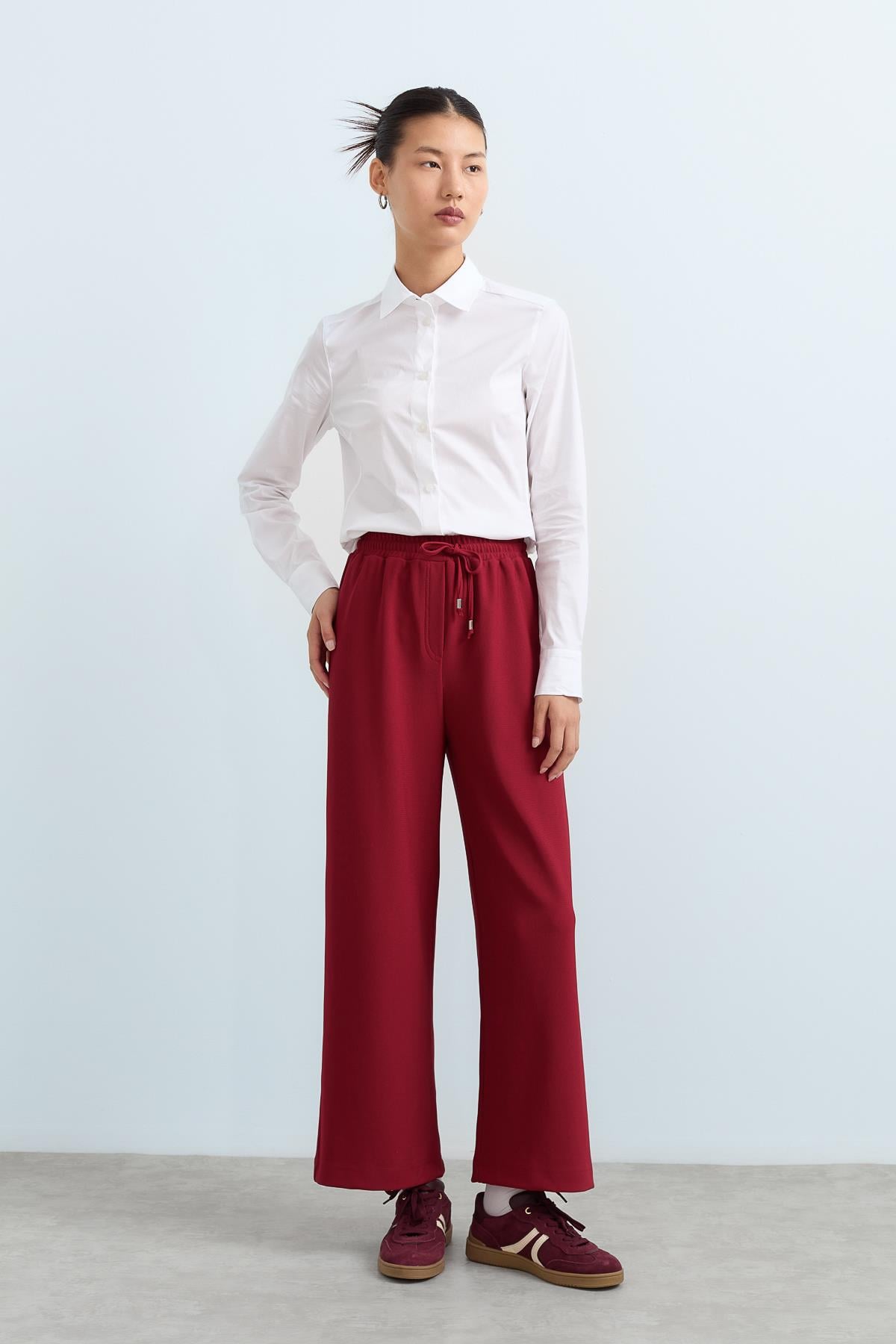 NİHAN Pantolon Nihan Beli Lastikli Bol Paça Örme Pantolon  Bordo_modest