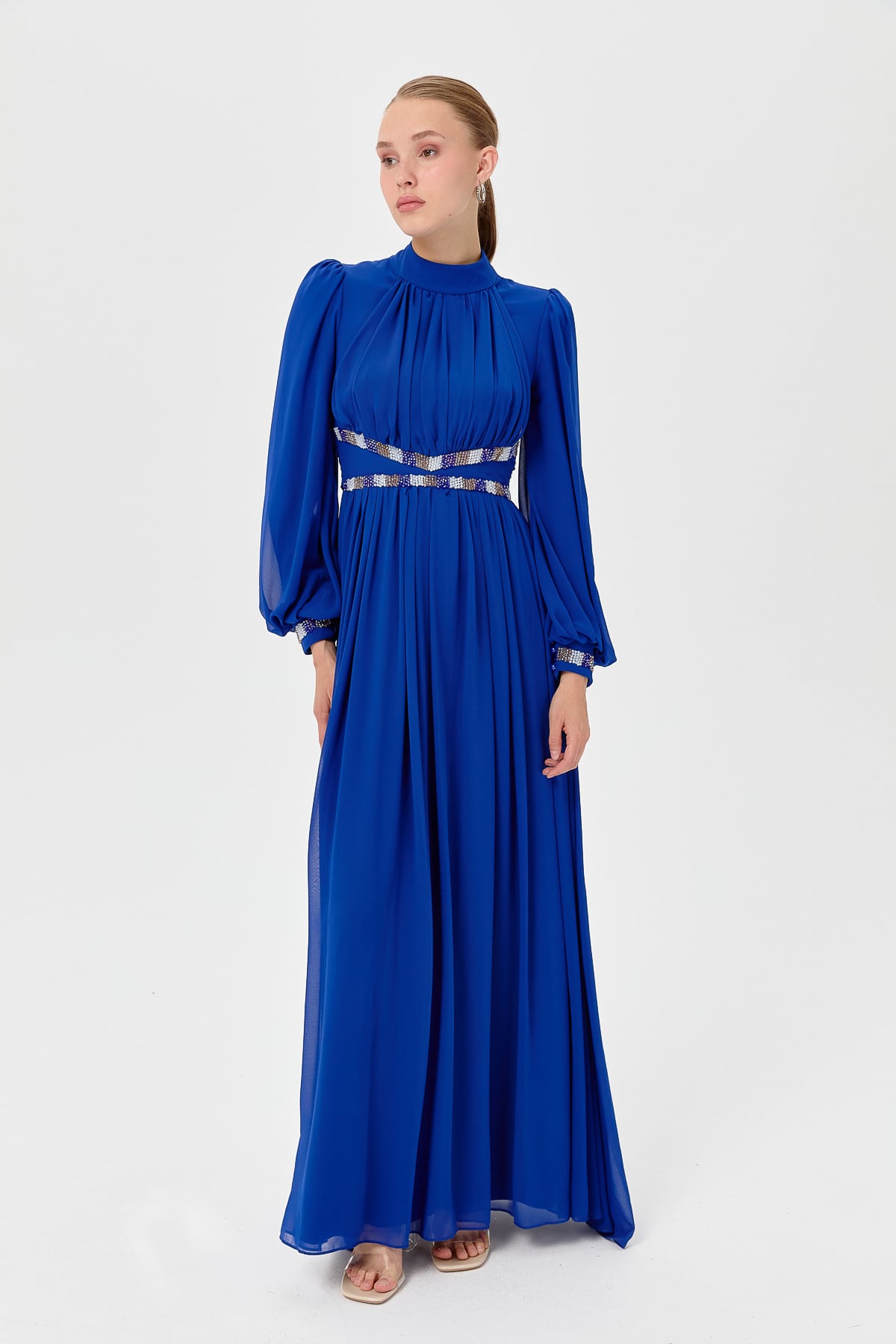 NİHAN Elbise Nihan Beli ve Kolları Taşlı Abiye  Saks_modest
