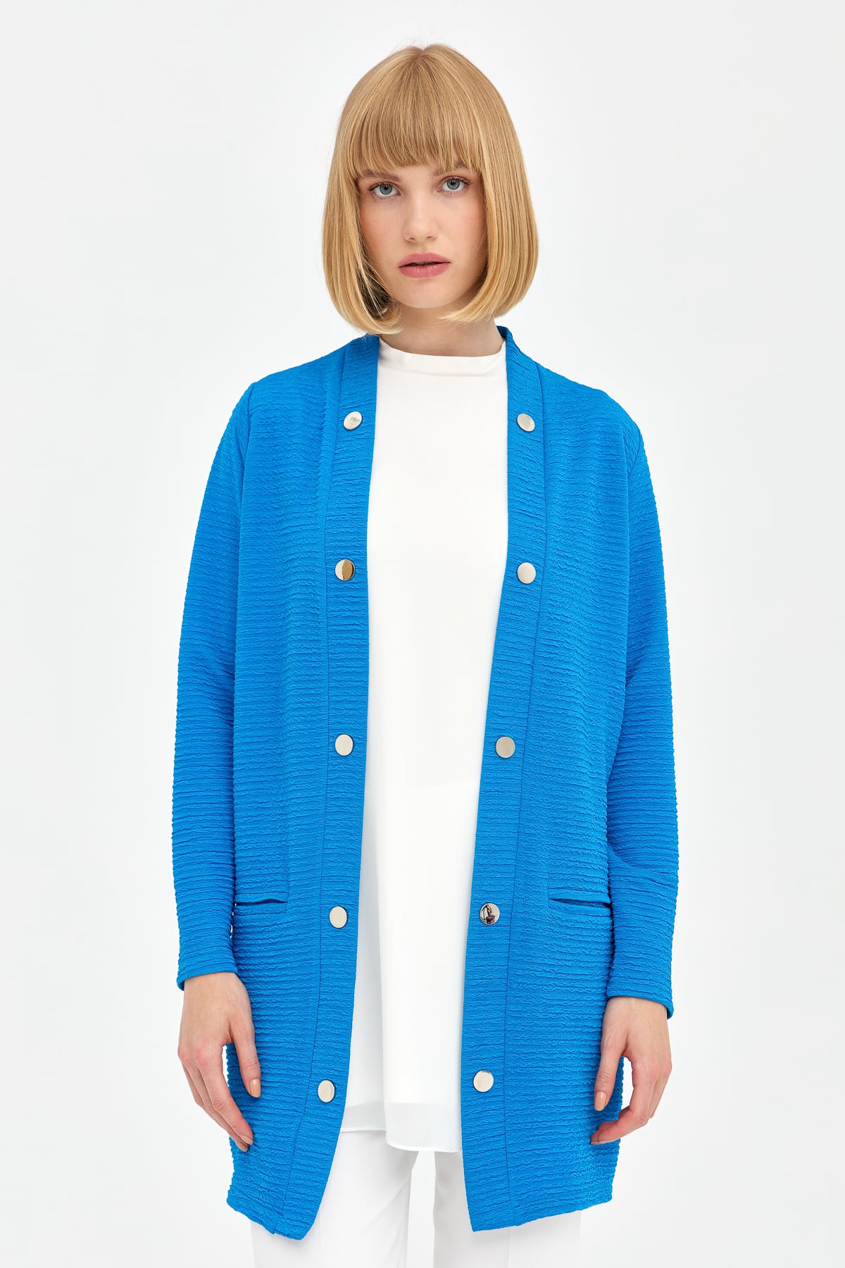 NİHAN Hırka Nihan Cep Detaylı Düğmeli Hırka  Mavi_modest