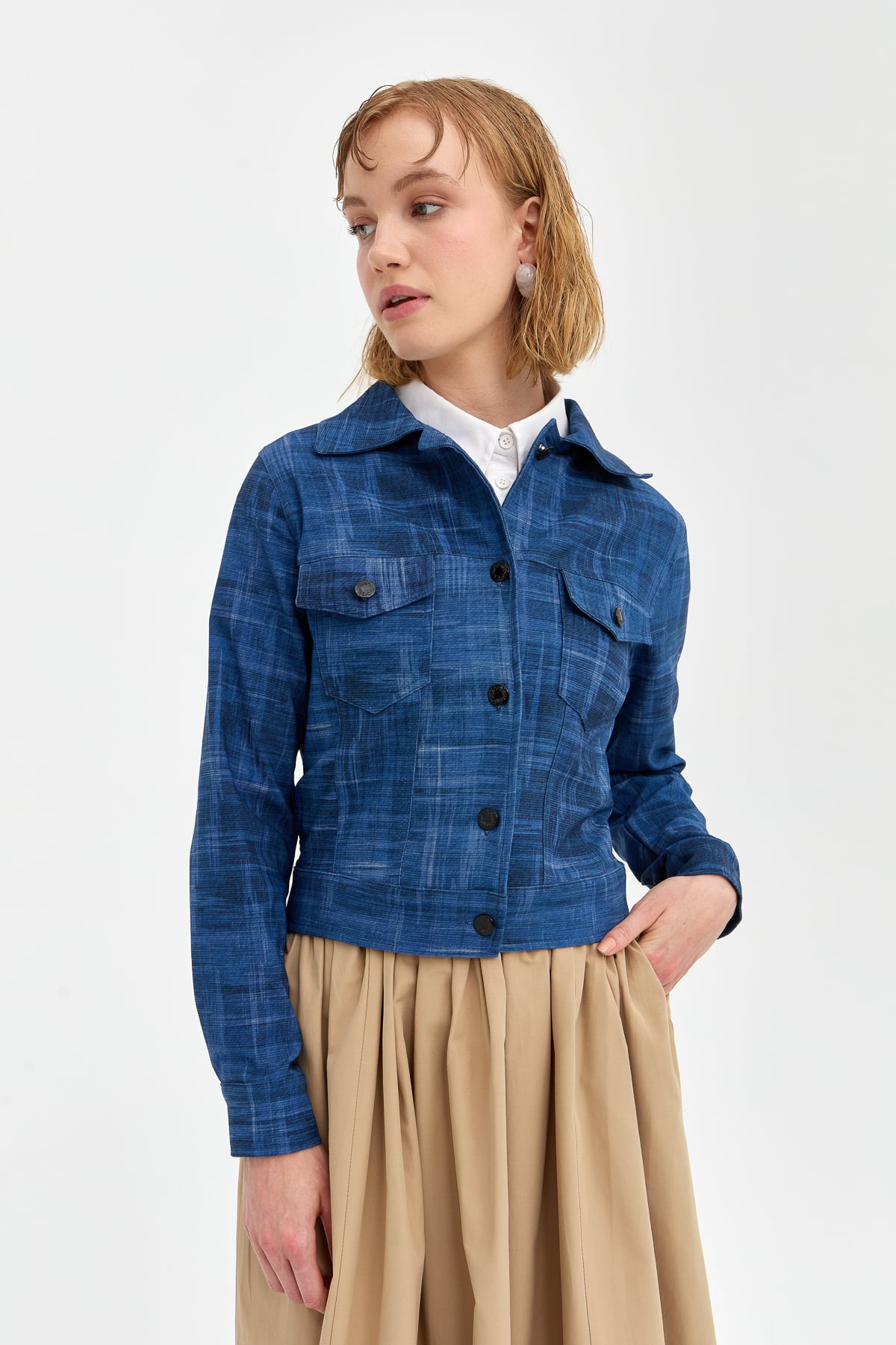 NİHAN Ceket Nihan Cep Kapaklı Düğmeli Kot Ceket  İndigo_modest