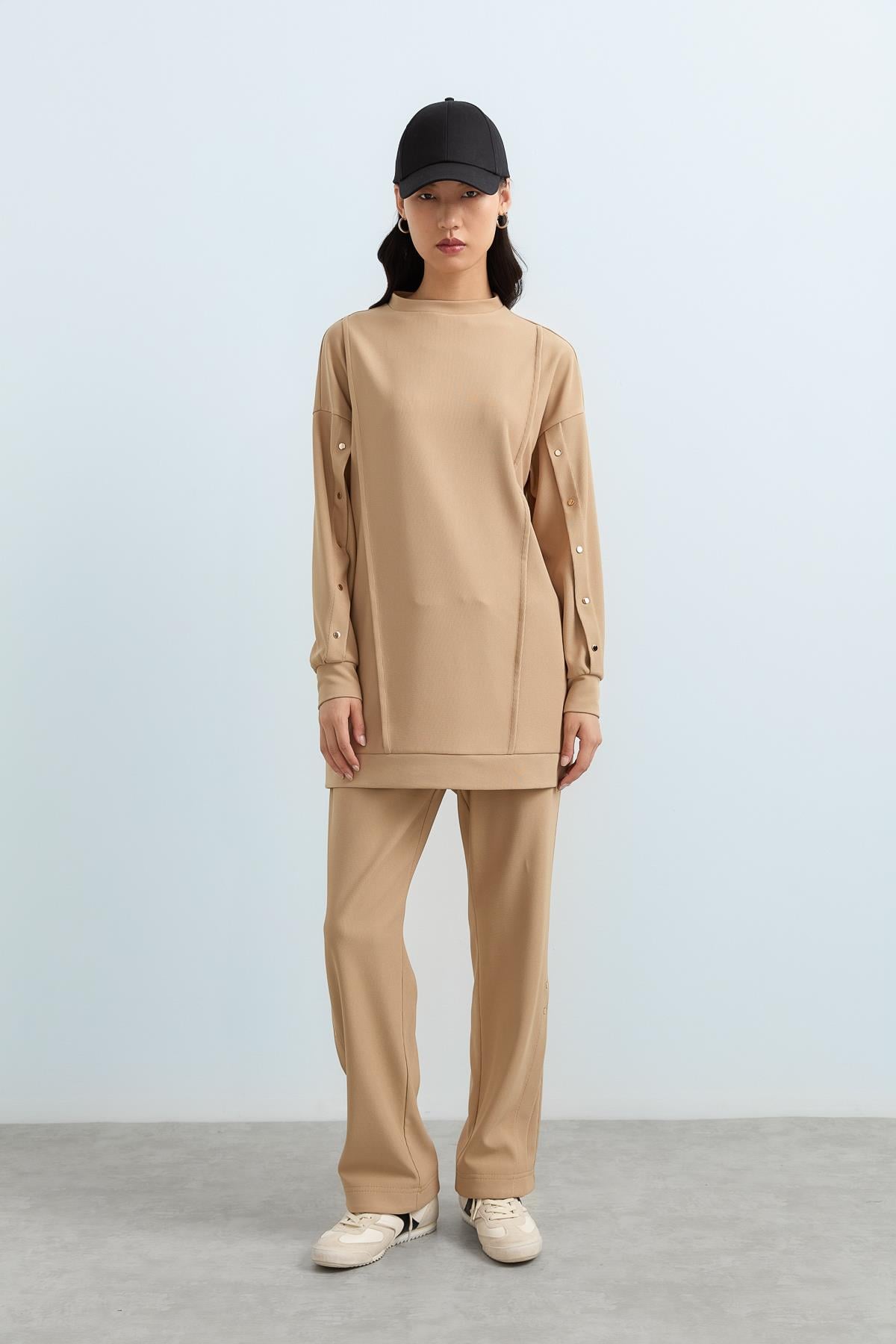 NİHAN Takım Nihan Çıt Çıt Detaylı Örme Pantolon Tunik Takım  Camel_modest