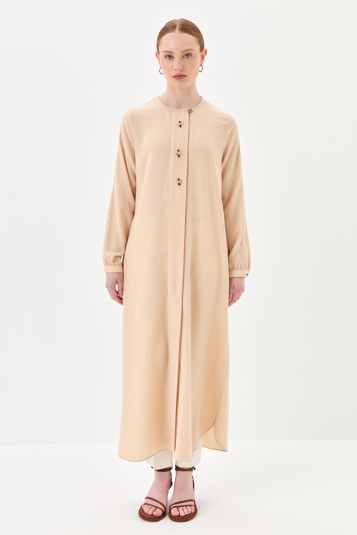 NİHAN Ferace Nihan Deniz Kabuğu Aksesuarlı Keten Ferace  Bej_modest