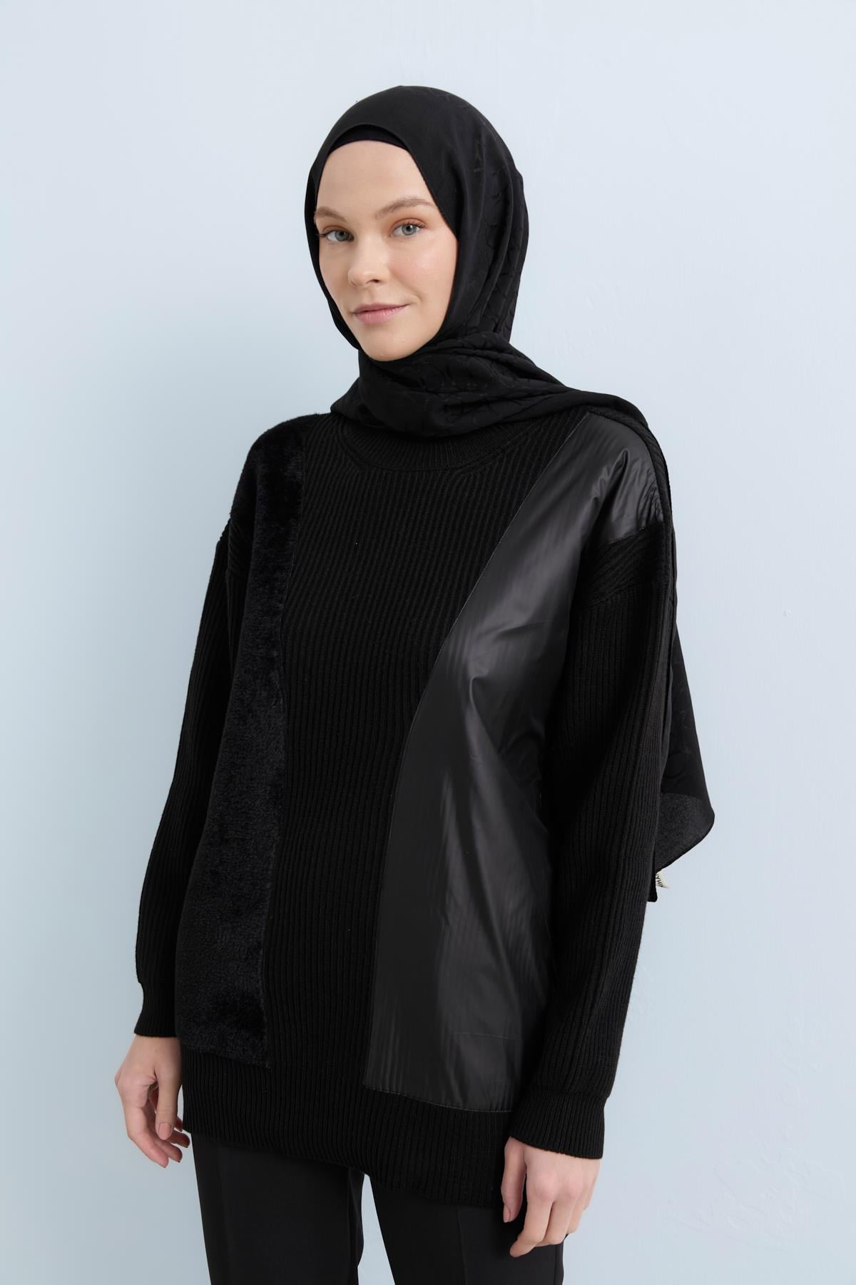 NİHAN Tunik Nihan Deri ve Peluş Garnili Triko Tunik  Siyah_modest