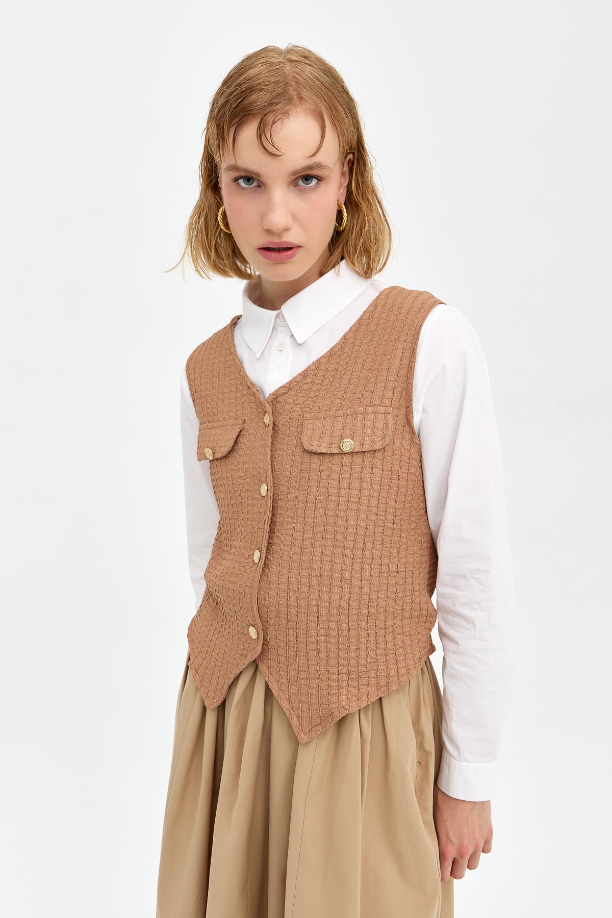 NİHAN Yelek Nihan Gold Düğmeli Yelek  Bej_modest