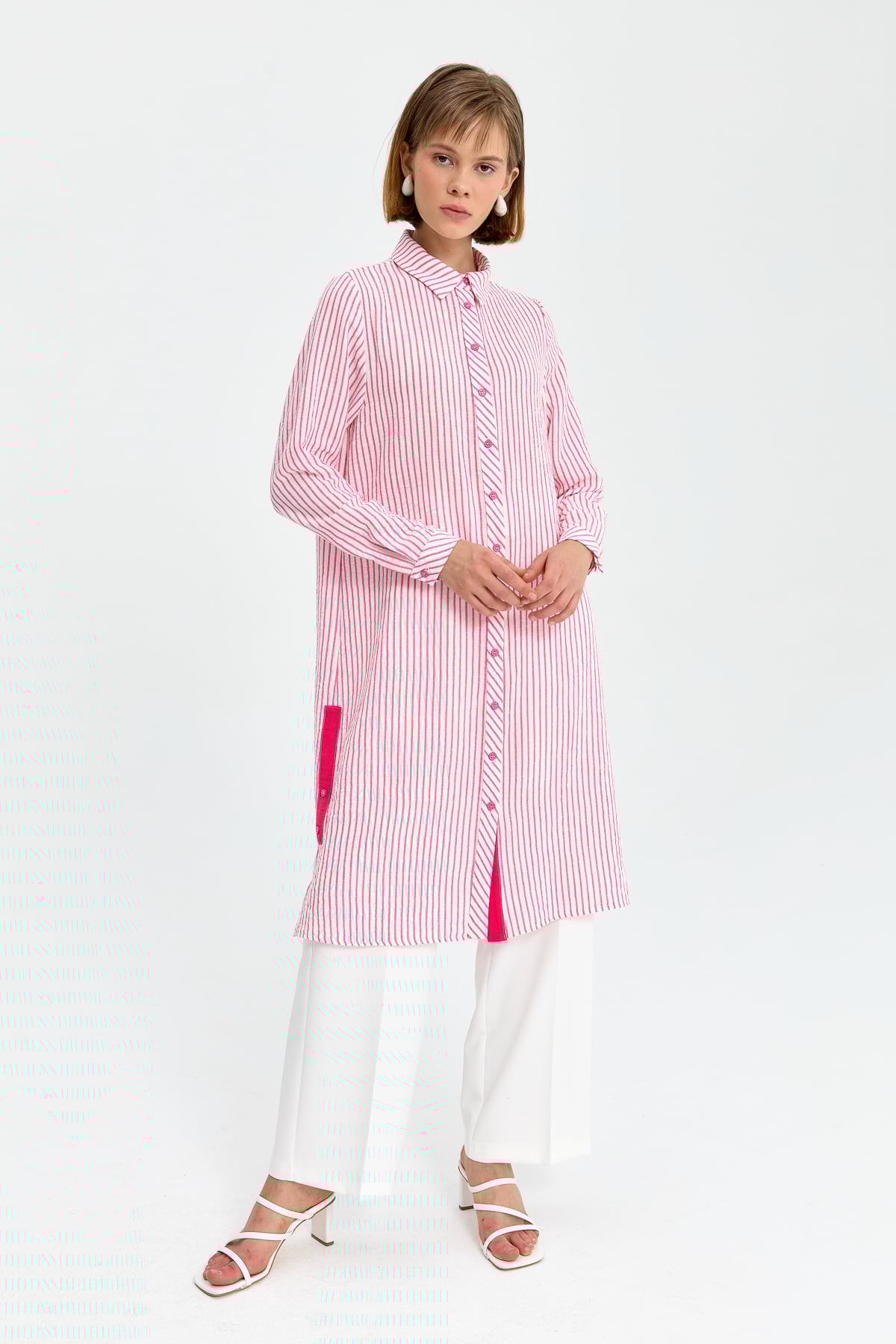 NİHAN Tunik Nihan Gömlek Yaka Çizigli Tunik  Pembe_modest