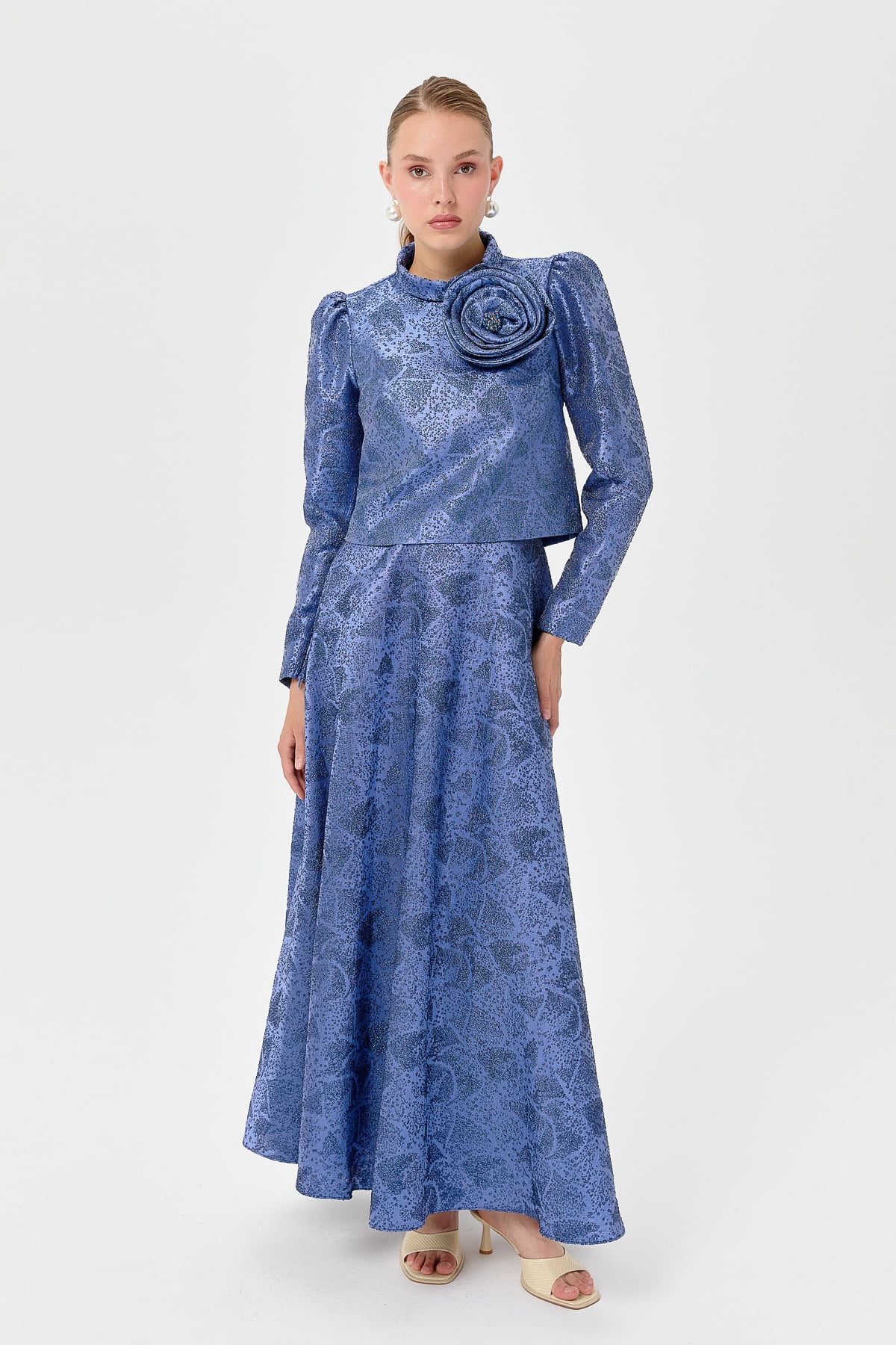 NİHAN Takım Nihan Gül Aksesuarlı Taşlı Abiye Takım  İndigo_modest