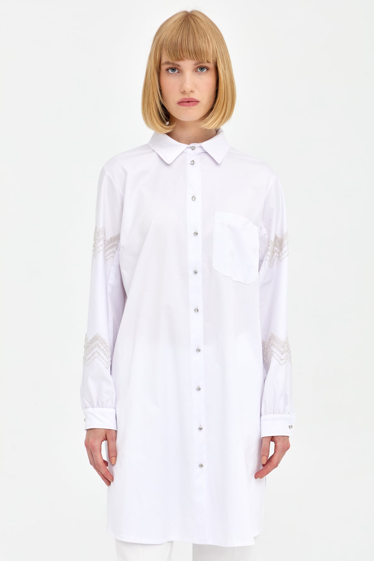 NİHAN Tunik Nihan Rahat Kalıp Kolu Nakışlı Pamuk Tunik  Ekru_modest