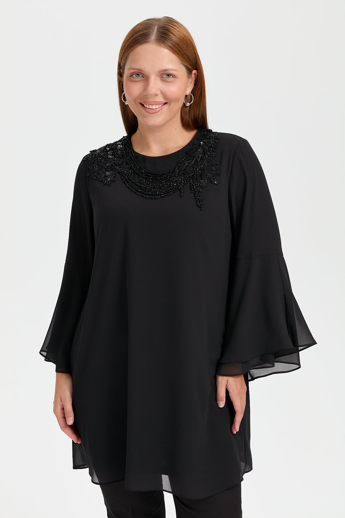 NİHAN Tunik Nihan Rahat Kalıp Yakası Taş İşlemeli Şık Tunik  Siyah_modest