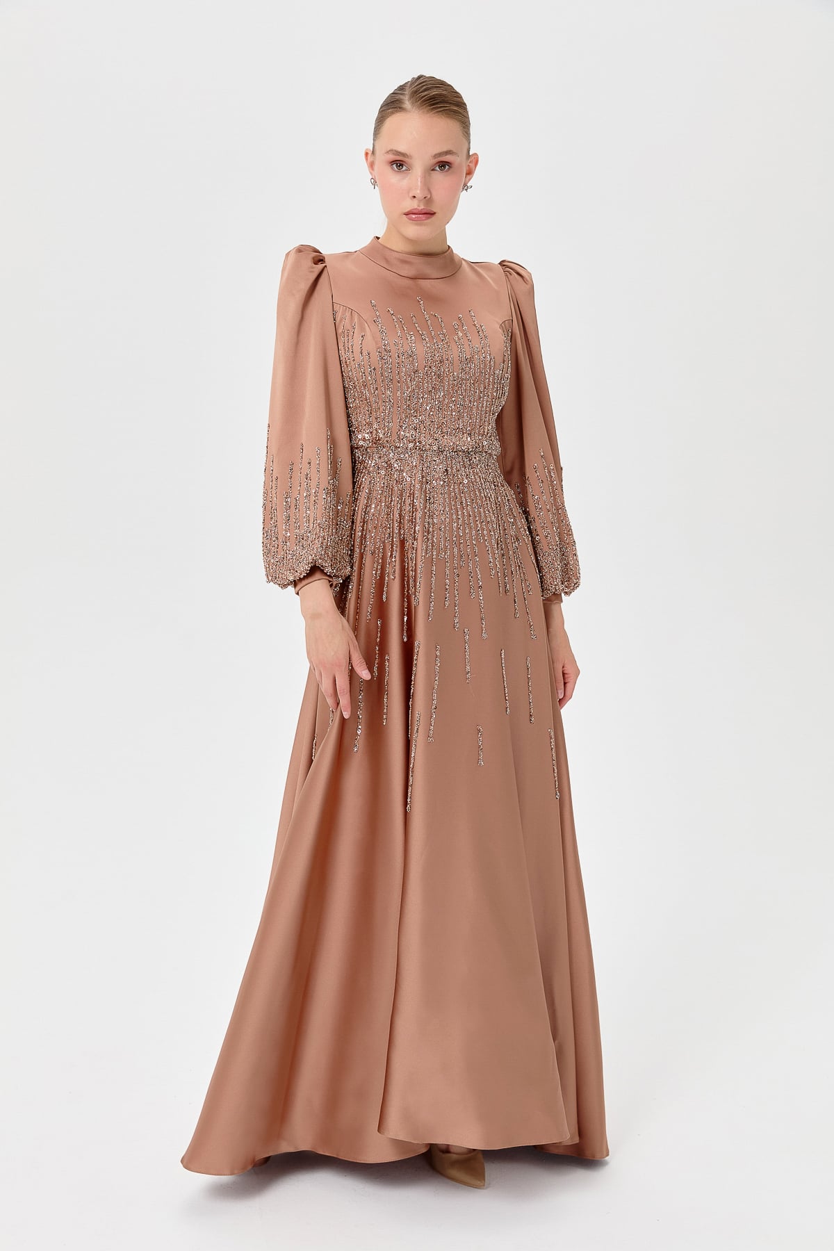 NİHAN Abiye Nihan Saten Taşlı  Abiye  Bronz_modest