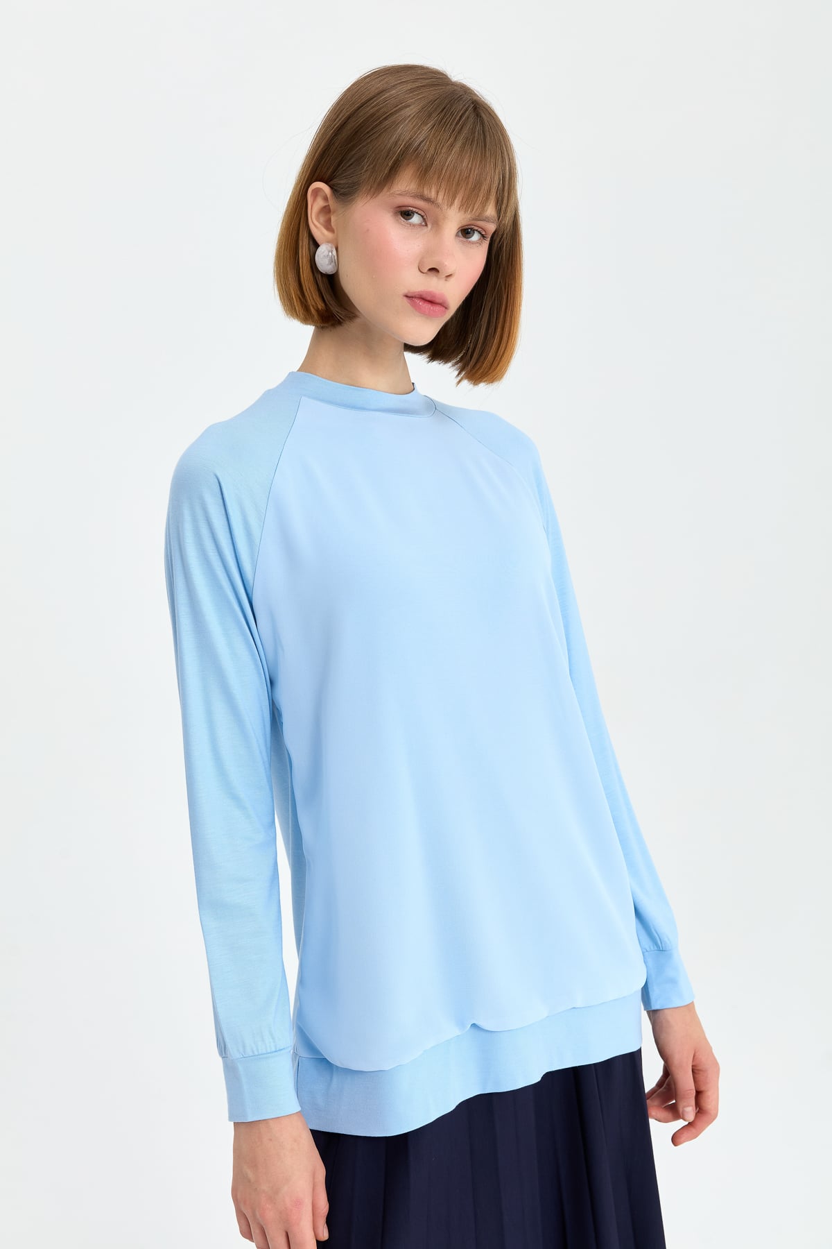 NİHAN Bluz Nihan Şifon Detaylı Penye Bluz  Mavi_modest