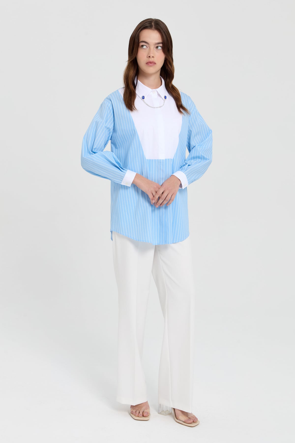 NİHAN Tunik Nihan Yaka Aksesuarlı Çizgili Poplin Tunik  Açık Mavi_modest