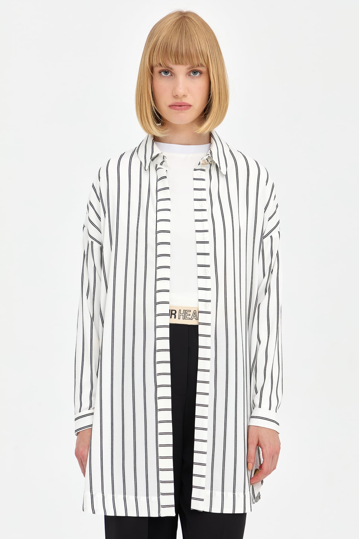 NİHAN Tunik Nihan Yanları Düğmeli Çizgili Gömlek Tunik  Ekru_modest