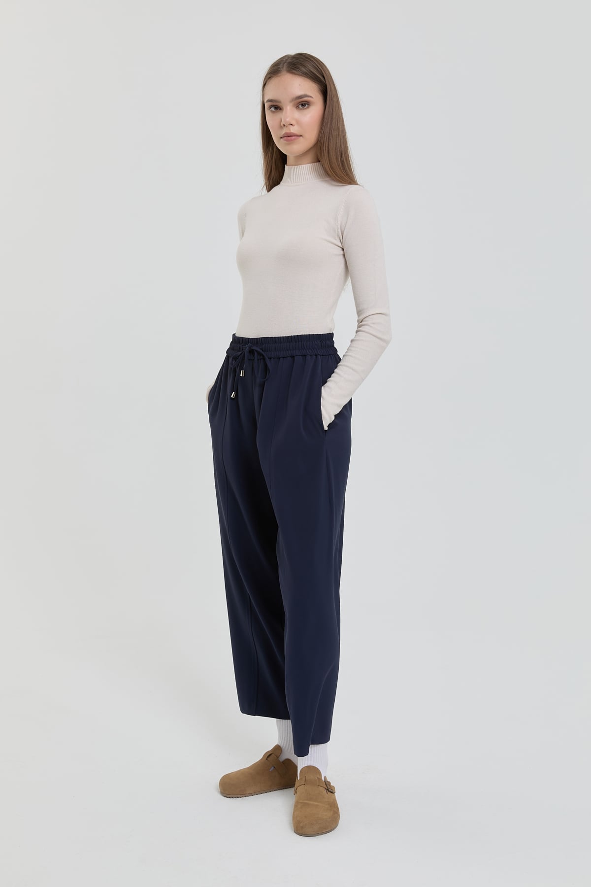 NİHAN Pantolon Beli Lastikli Bol Havuç Pantolon  Lacivert_modest