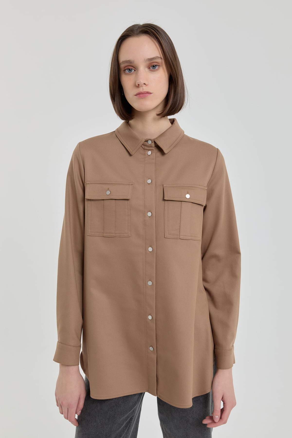 NİHAN Tunik Denim Görünümlü Cep Detaylı Tunik  Camel_modest