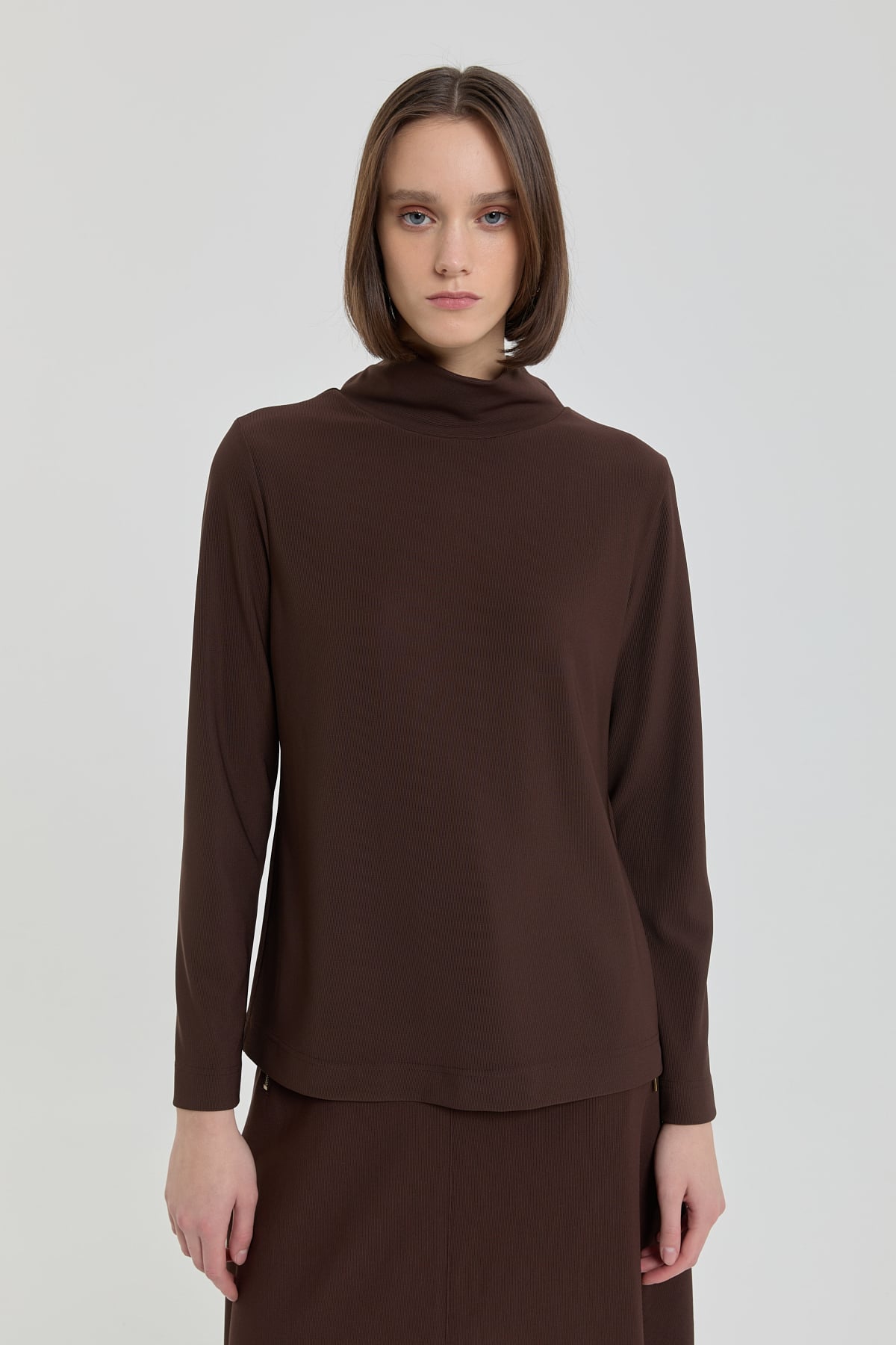 NİHAN Bluz Dik Yaka Basic Örme Bluz  Kahve_modest