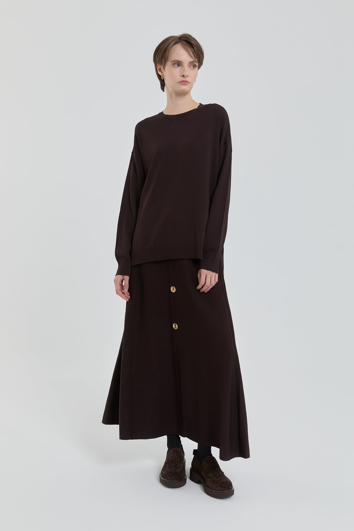 NİHAN Takım Düğme Detaylı Etek Bluz Rayon Takım  Kahve_modest