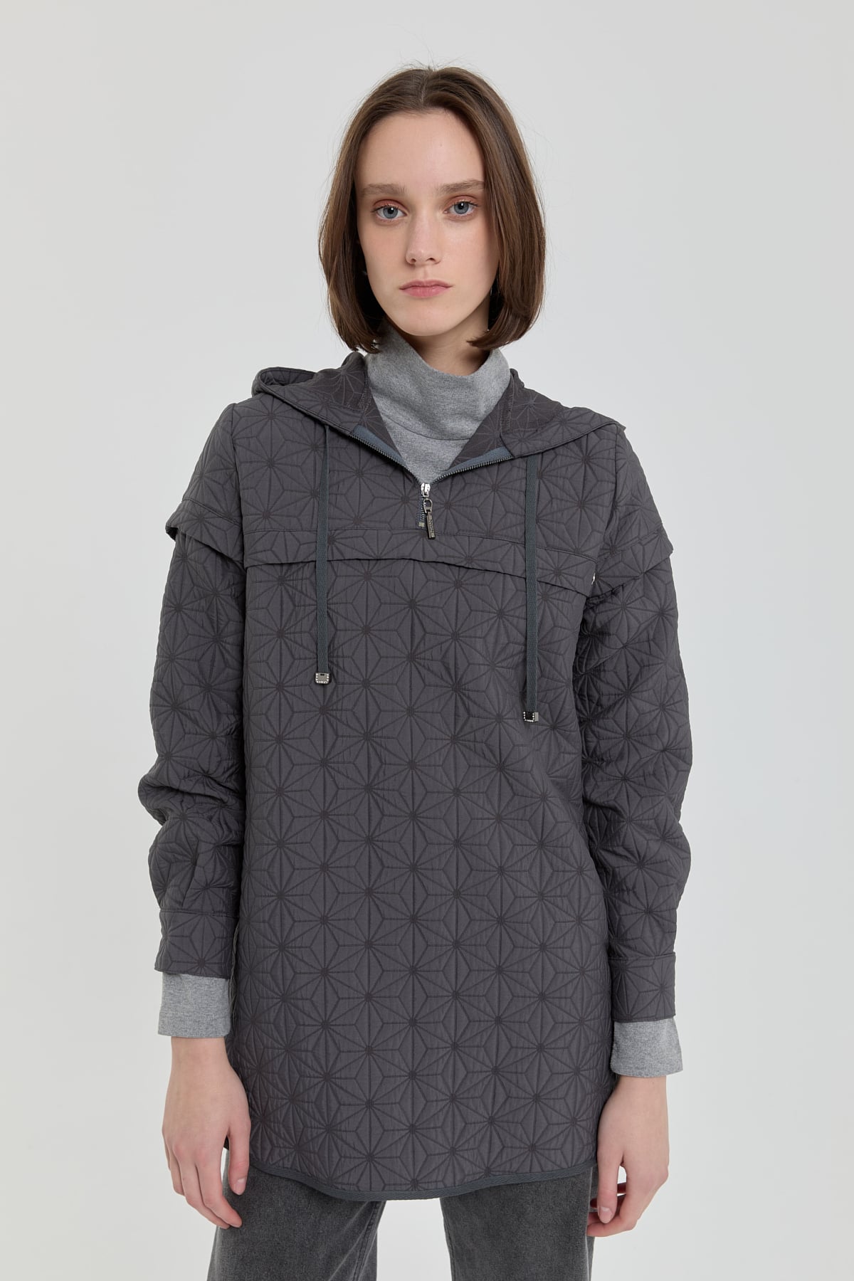 NİHAN Sweat İnce Kapitone Kapşonlu Sweat  Antrasit_modest