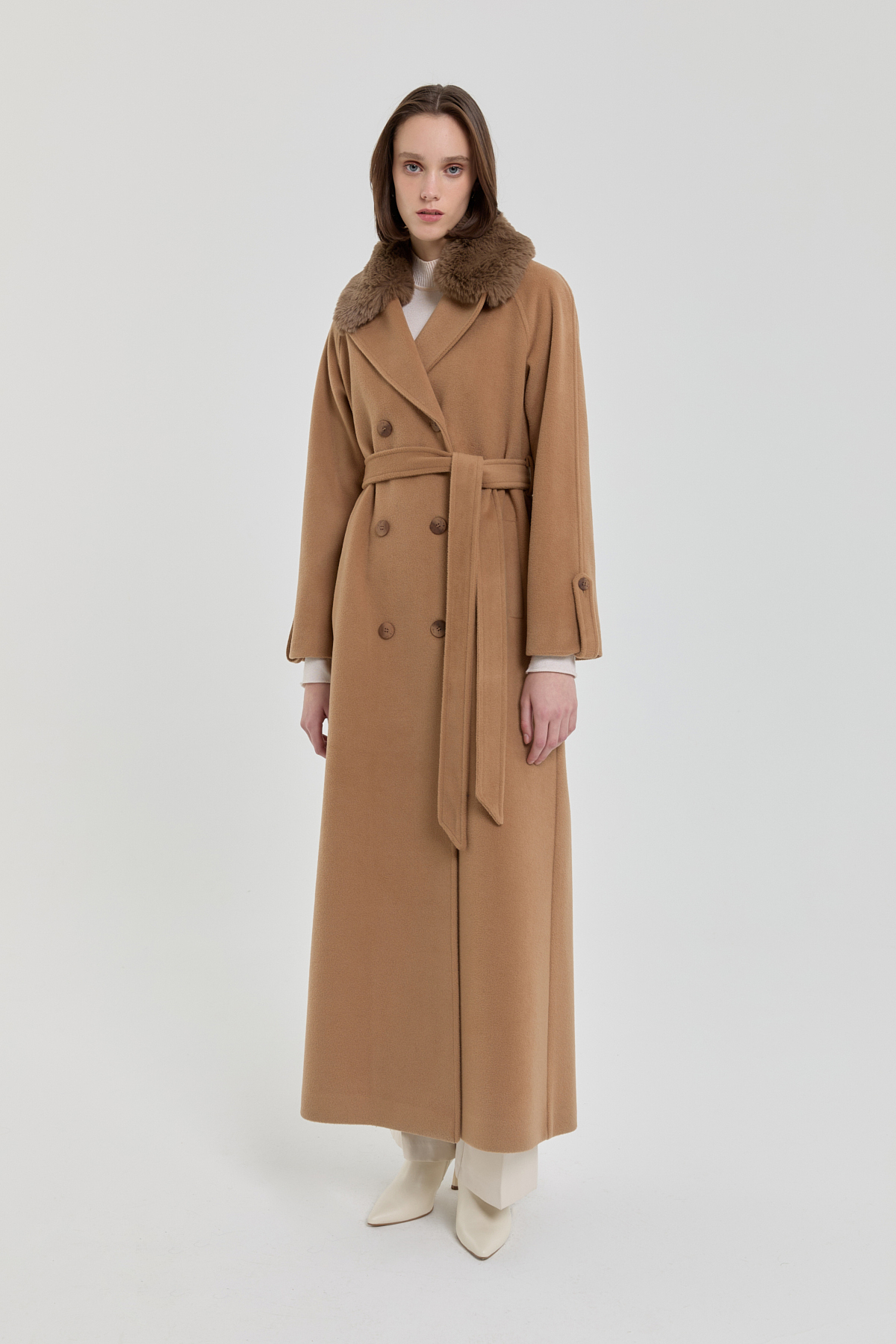 NİHAN Manto Kürk Yakalı Kruvaze Manto  Camel_modest