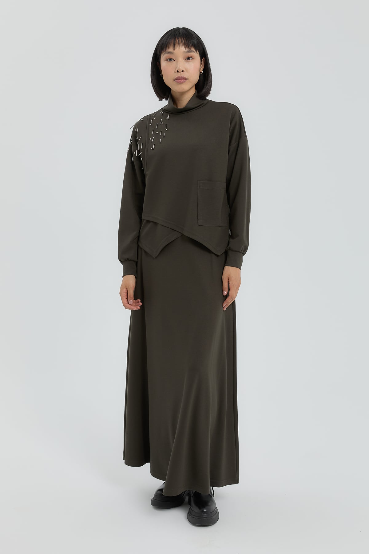 NİHAN Takım Nihan Asimetrik Detaylı Etek Bluz Takım  Haki_modest
