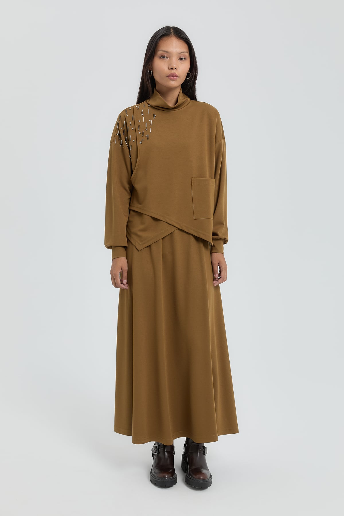 NİHAN Takım Nihan Asimetrik Detaylı Etek Bluz Takım  Olive_modest