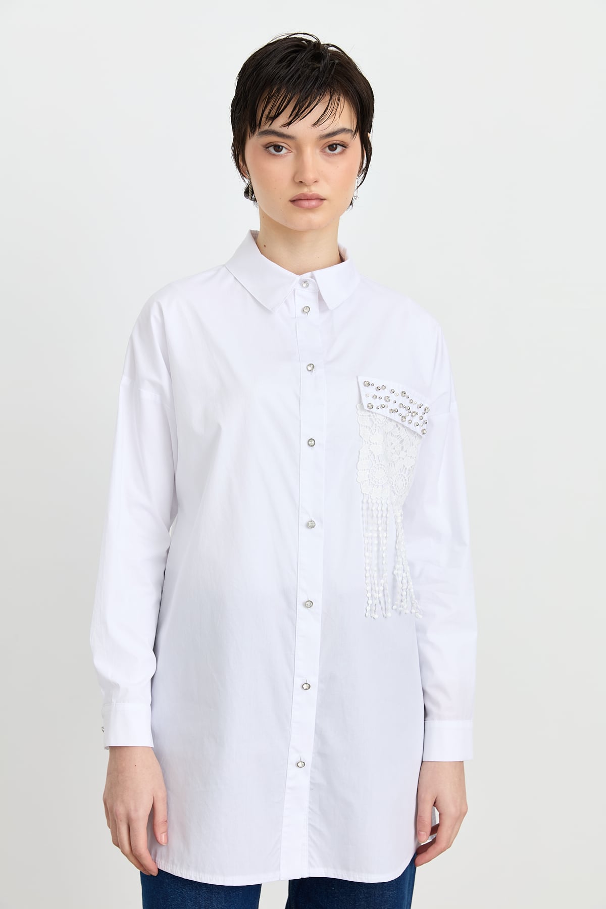 NİHAN Tunik Nihan Asimetrik Detaylı Taş Aksesuarlı Poplin Tunik  Beyaz_modest