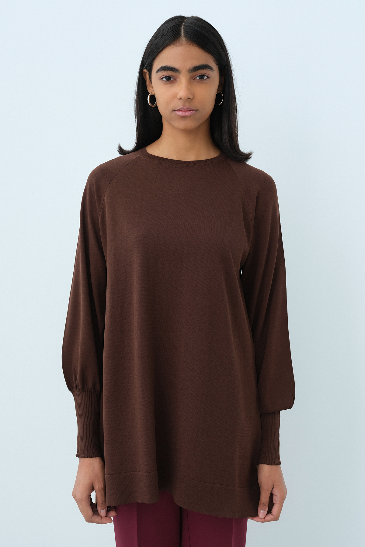 NİHAN Tunik Nihan Balon Kol Triko Tunik  Kahve_modest