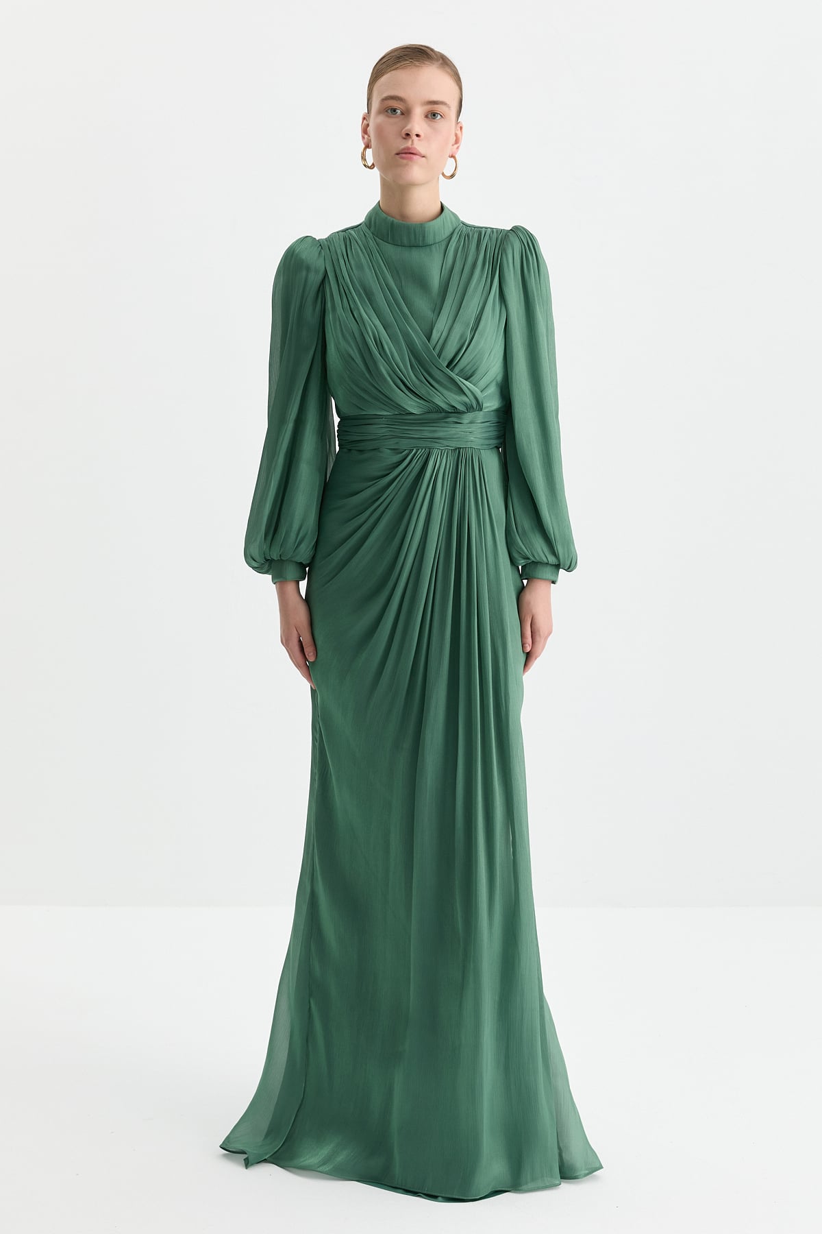 NİHAN Elbise Nihan Balon Kollu Drapeli Abiye  Haki_modest