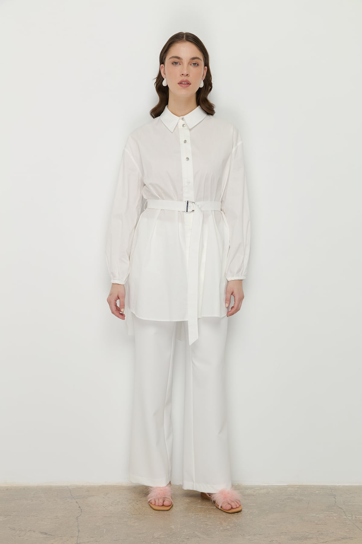 NİHAN Tunik Nihan Beli Kemerli Asimetrik Tunik  Beyaz_modest